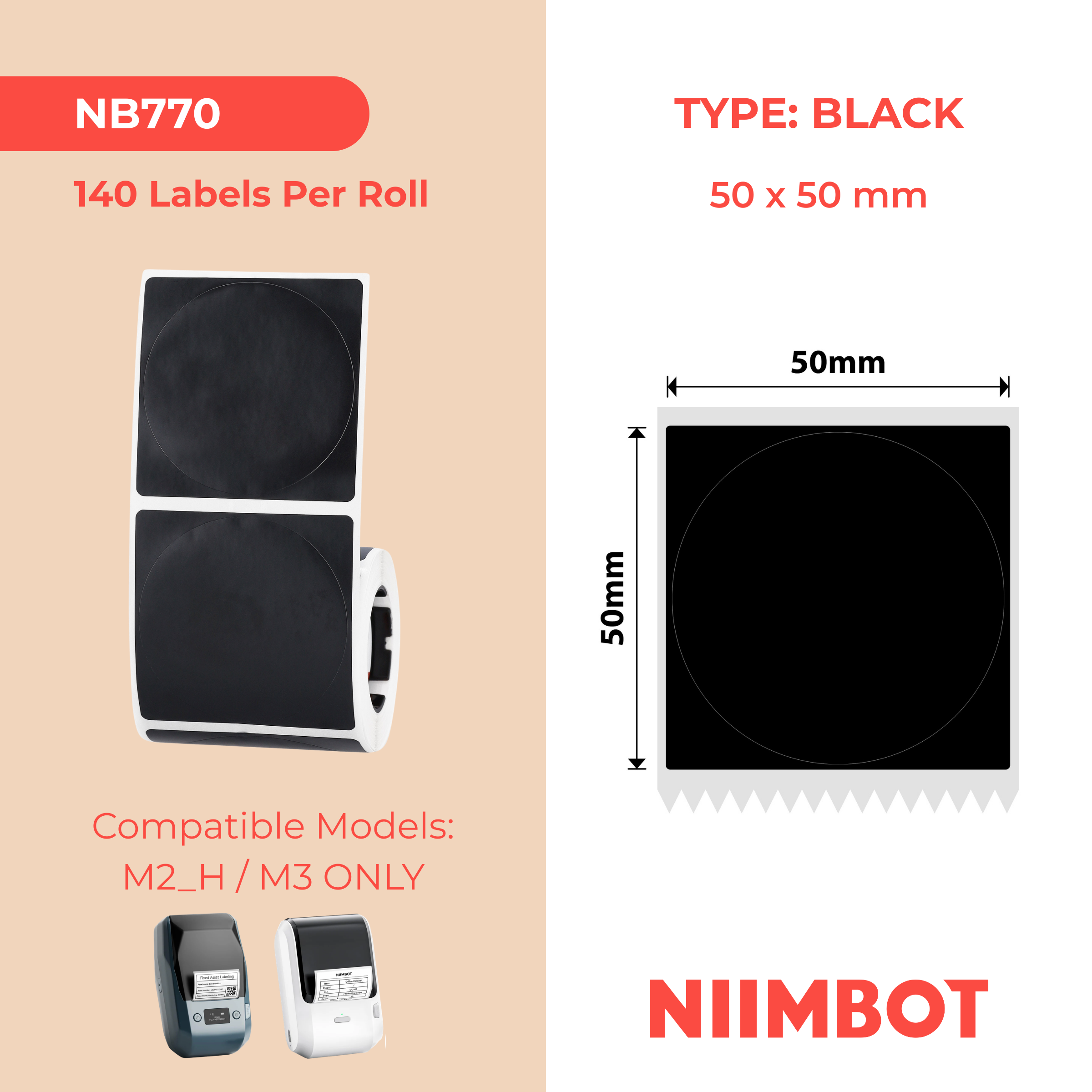NIIMBOT - M2 / M3 - 50X50MM - 140 LABELS - MATT BLACK ROUND