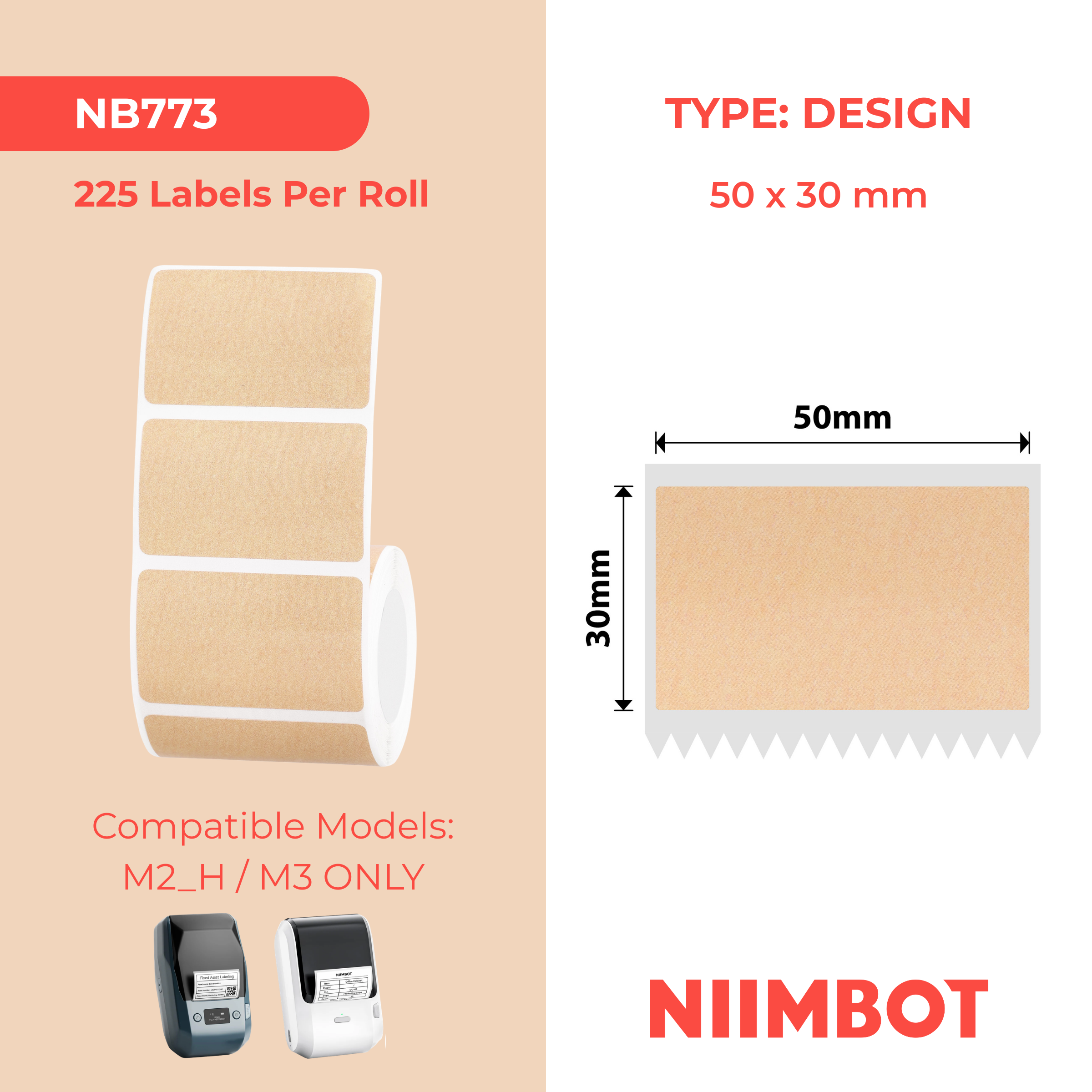 NB773 - Niimbot - M2 / M3 - 50x30mm - 225 Kraft Labels