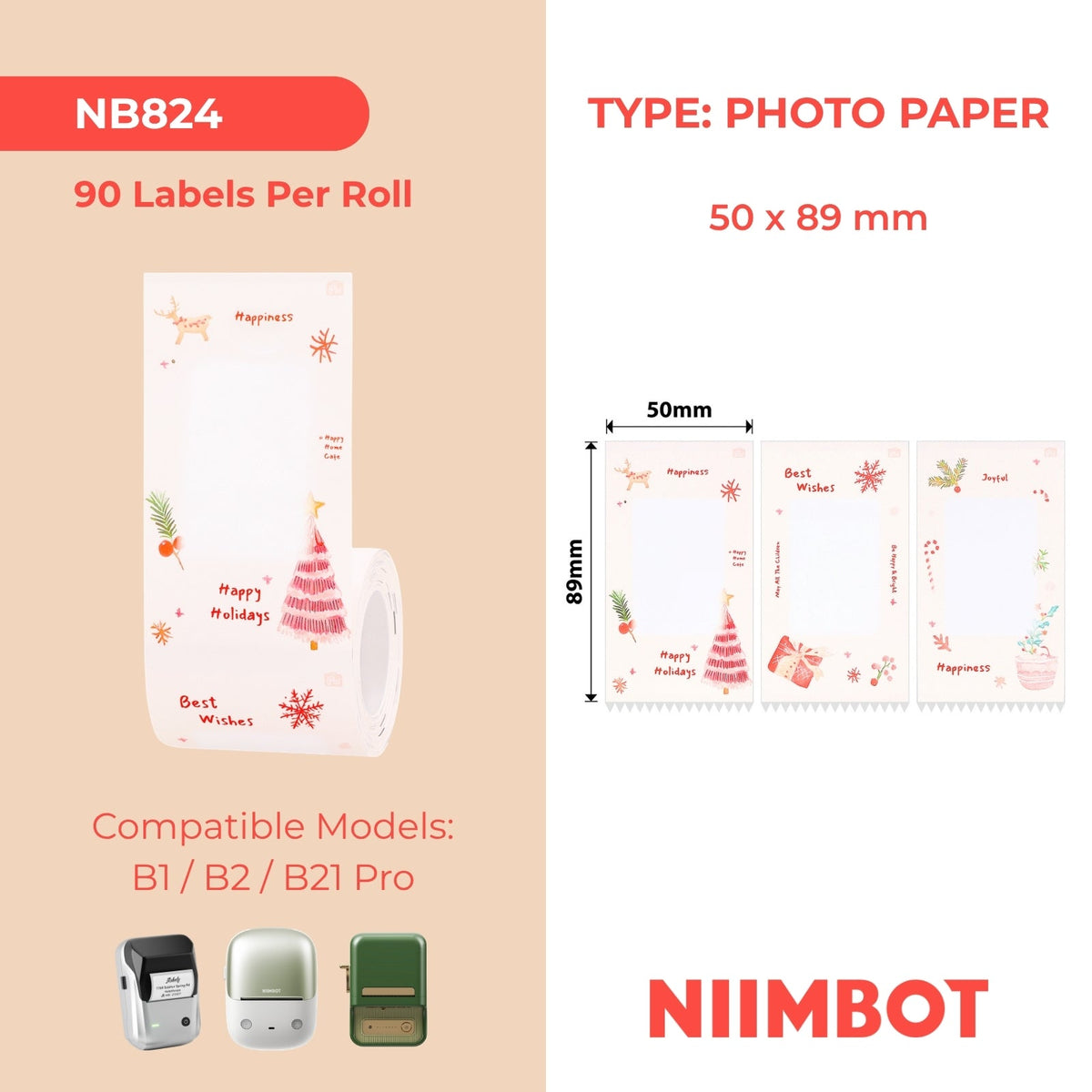 NIIMBOT - B Pro Range - 50x89mm - Greyscale - Photo Paper - Snow Country Christmas - 90 Labels - CN