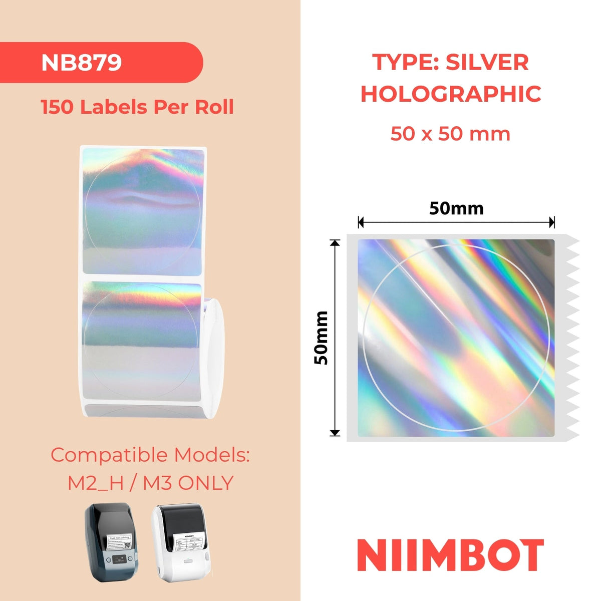 NIIMBOT - M Range - 50x50mm - Silver Holographic Laser Round - 150 Labels