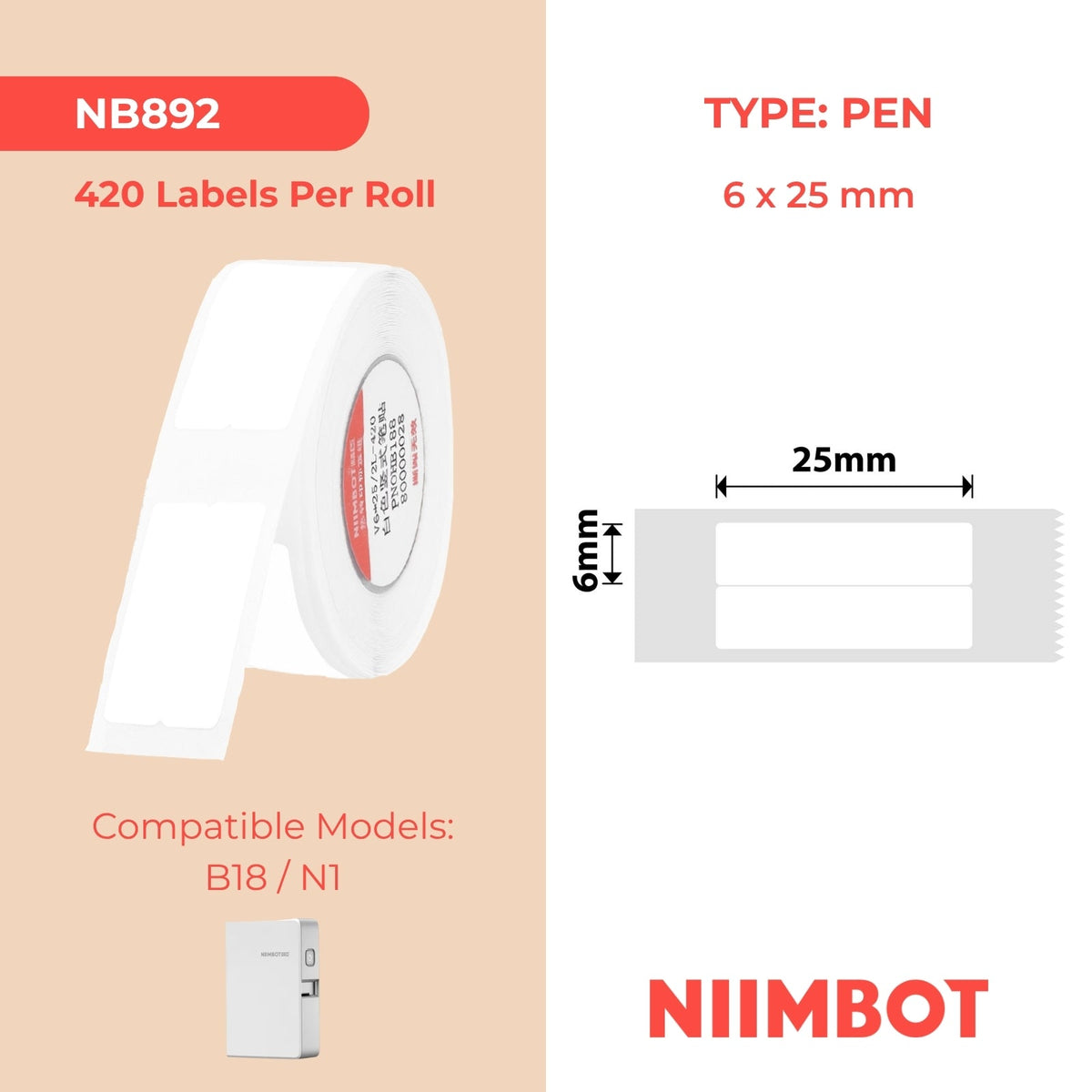 NIIMBOT - N1 - 6x25mm/2L - White Vertical Pencil Sticker - 420 Labels