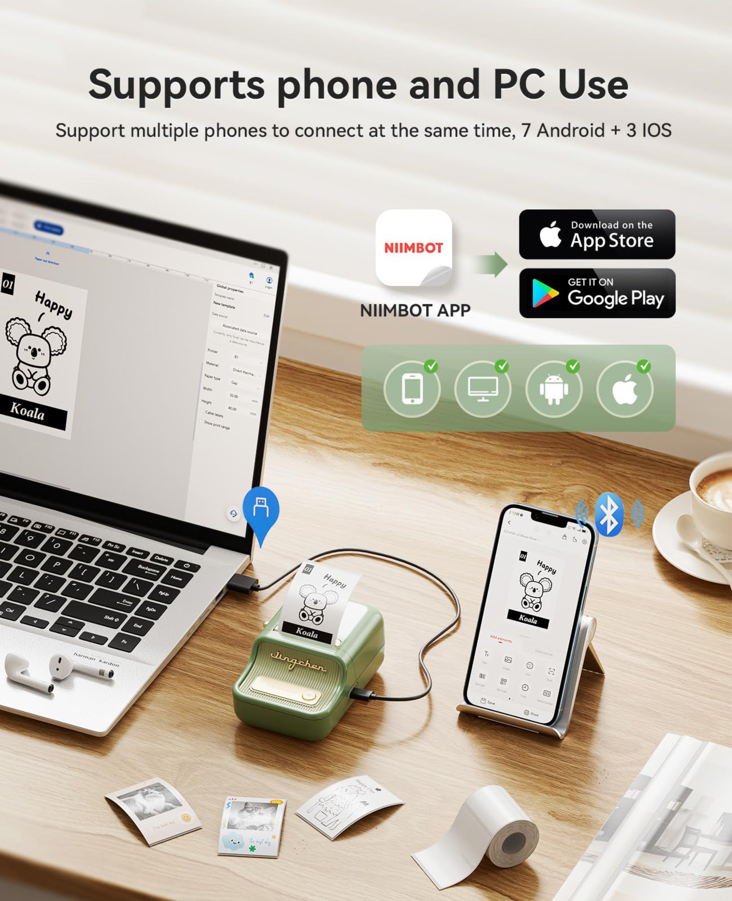 NIIMBOT - B21_PRO - 300DPI - PORTABLE THERMAL LABEL BLUETOOTH PRINTER WITH FREE LABEL ROLL - 50*30MM - WHITE