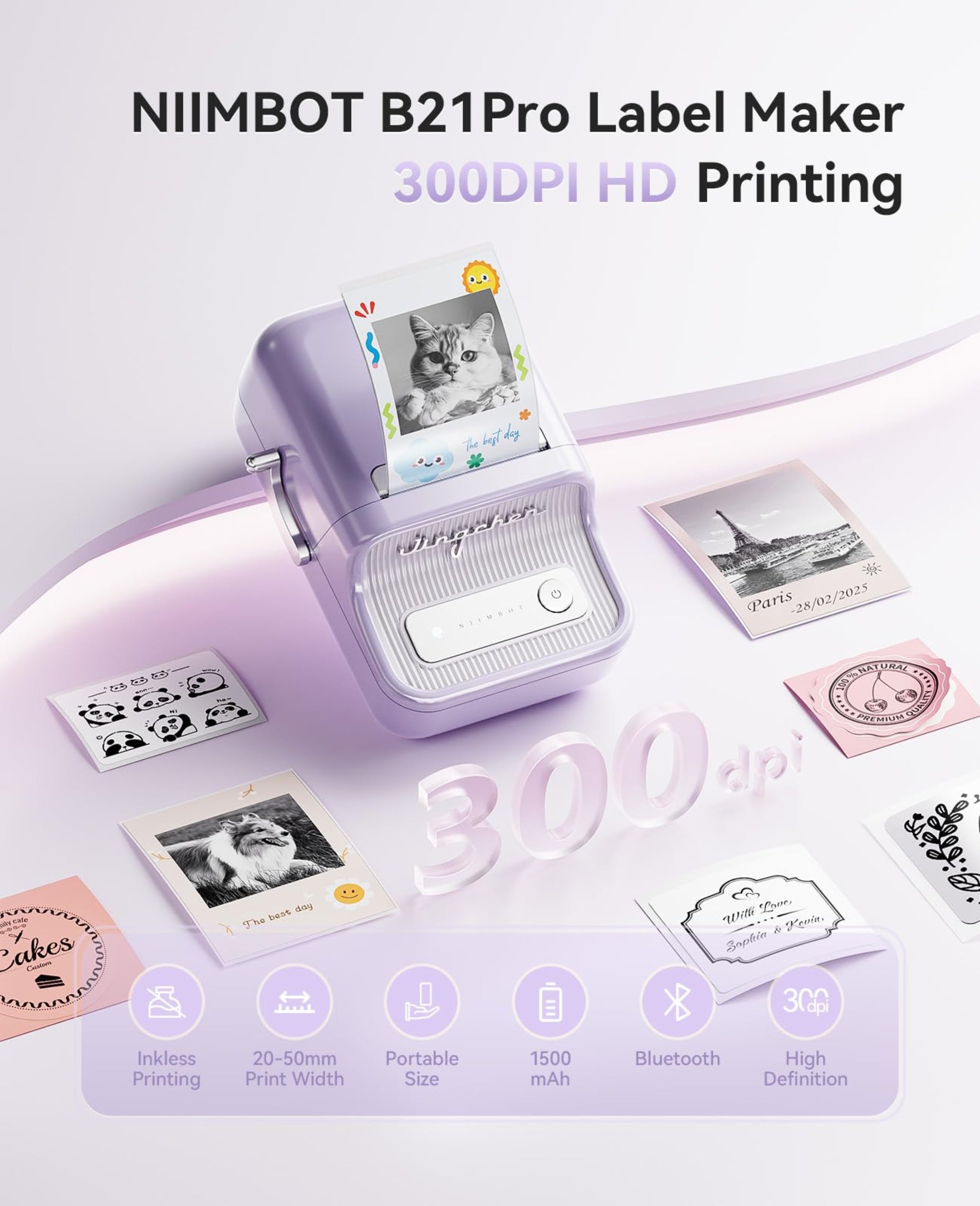 NIIMBOT - B21_PRO - 300DPI - PORTABLE THERMAL LABEL BLUETOOTH PRINTER WITH FREE LABEL ROLL - 50*30MM - WHITE