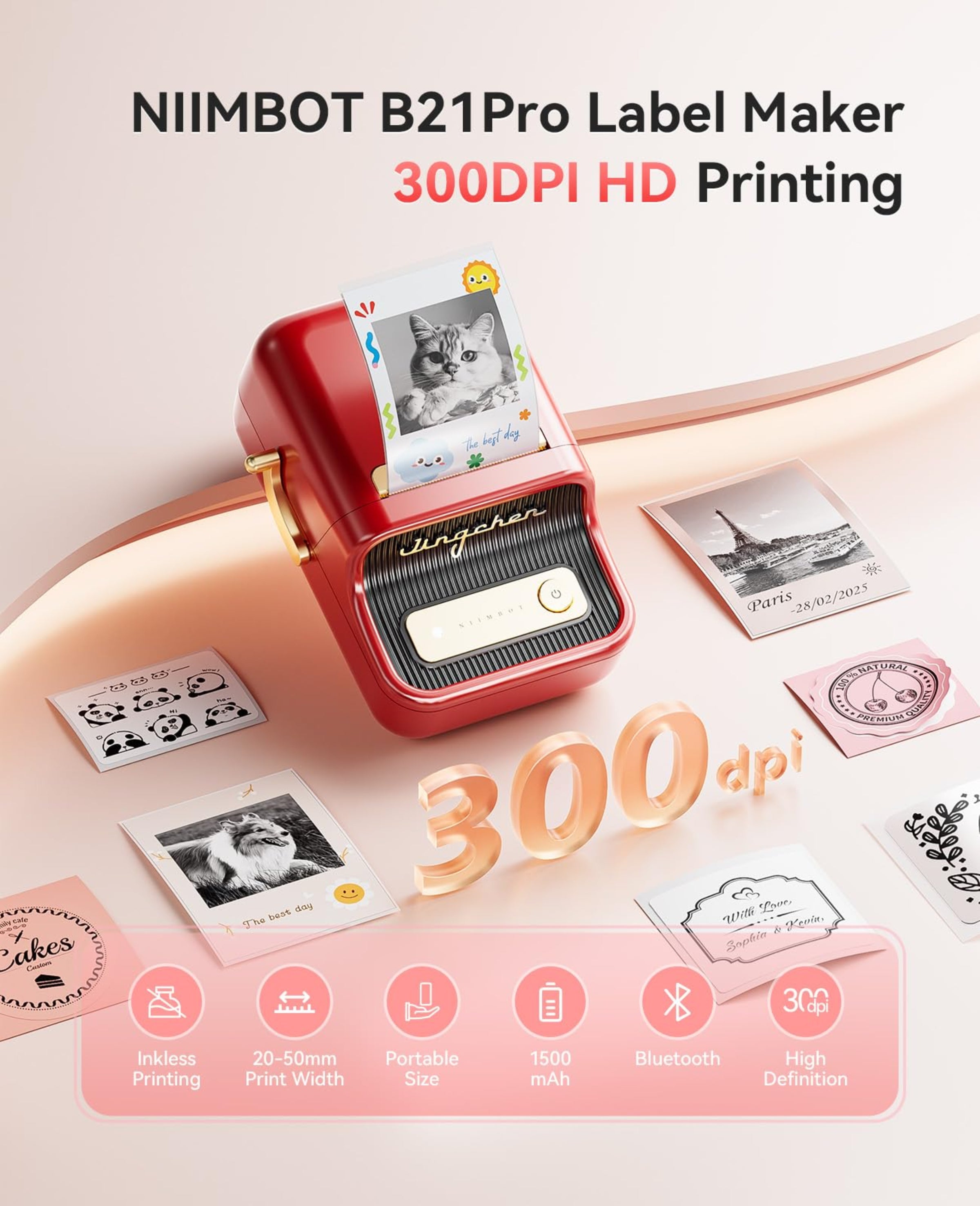 NIIMBOT - B21_PRO - 300DPI - PORTABLE THERMAL LABEL BLUETOOTH PRINTER WITH FREE LABEL ROLL - 50*30MM - WHITE