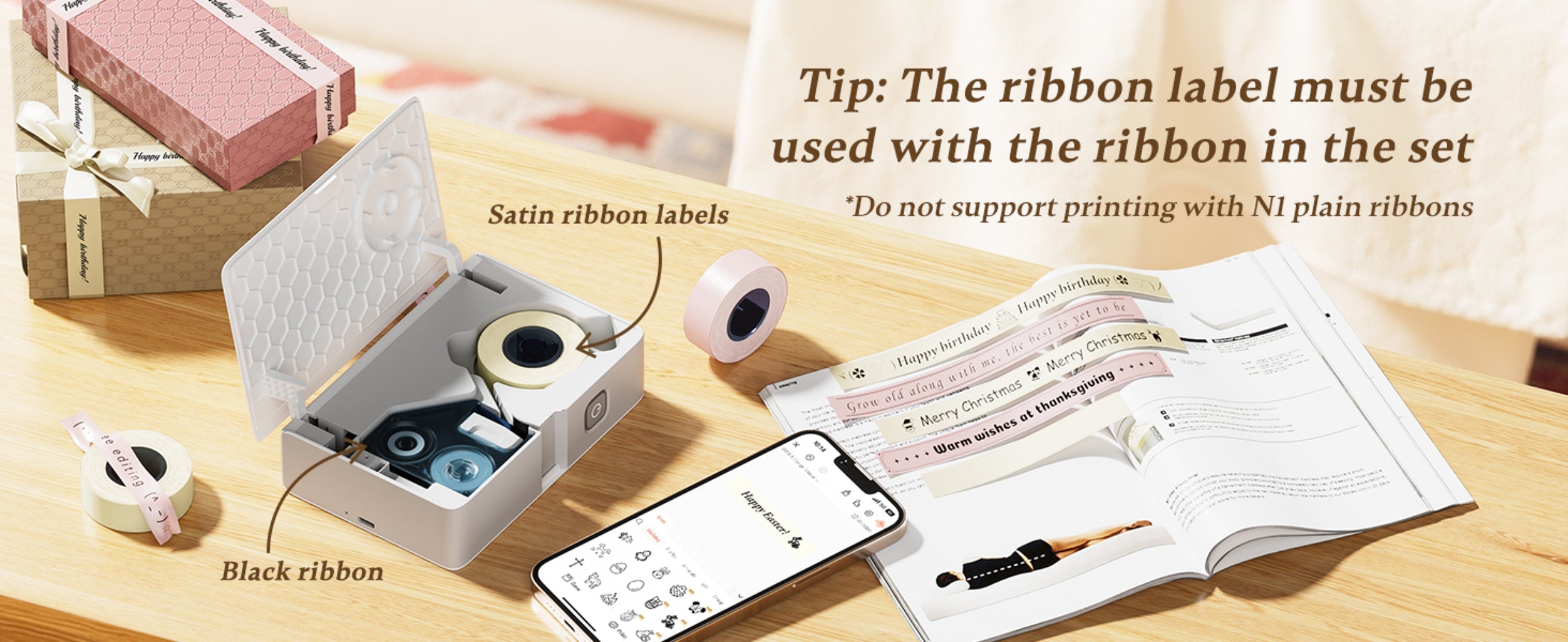 NB624 - NIIMBOT - N1 - BLUETOOTH SATIN RIBBON & LABEL PRINTER KIT INCL BOTH SETS - BEIGE