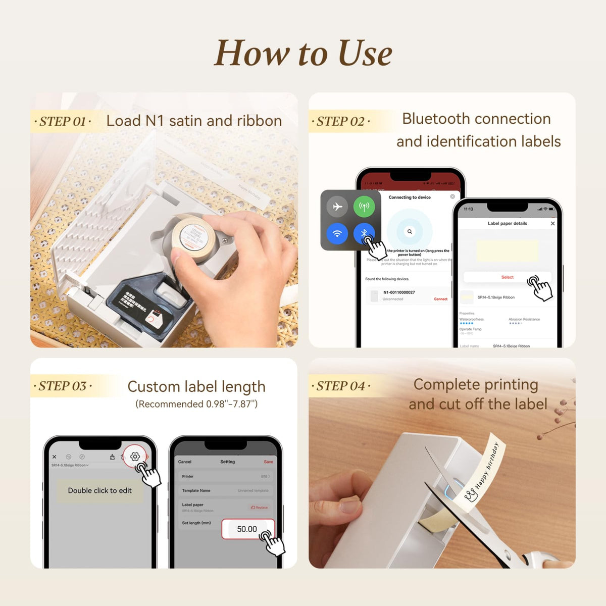 NB624 - NIIMBOT - N1 - BLUETOOTH SATIN RIBBON & LABEL PRINTER KIT INCL BOTH SETS - BEIGE