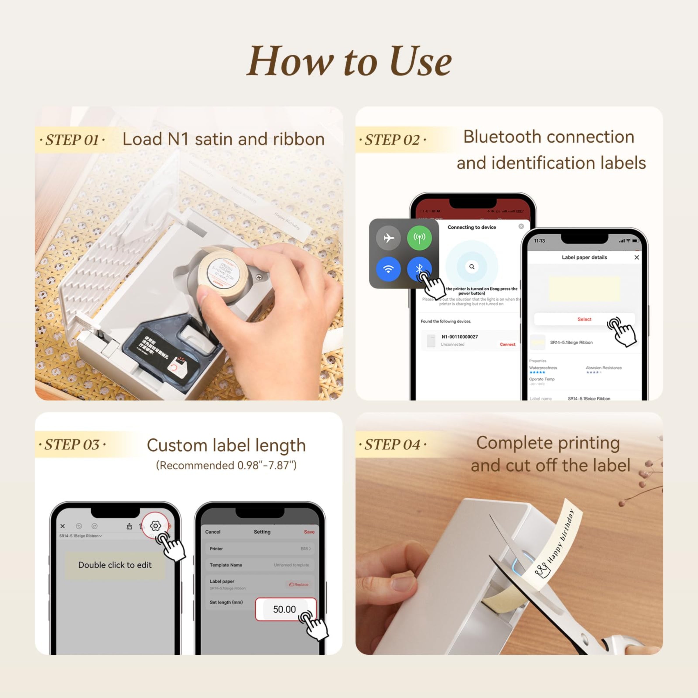 NB624 - NIIMBOT - N1 - BLUETOOTH SATIN RIBBON & LABEL PRINTER KIT INCL BOTH SETS - BEIGE