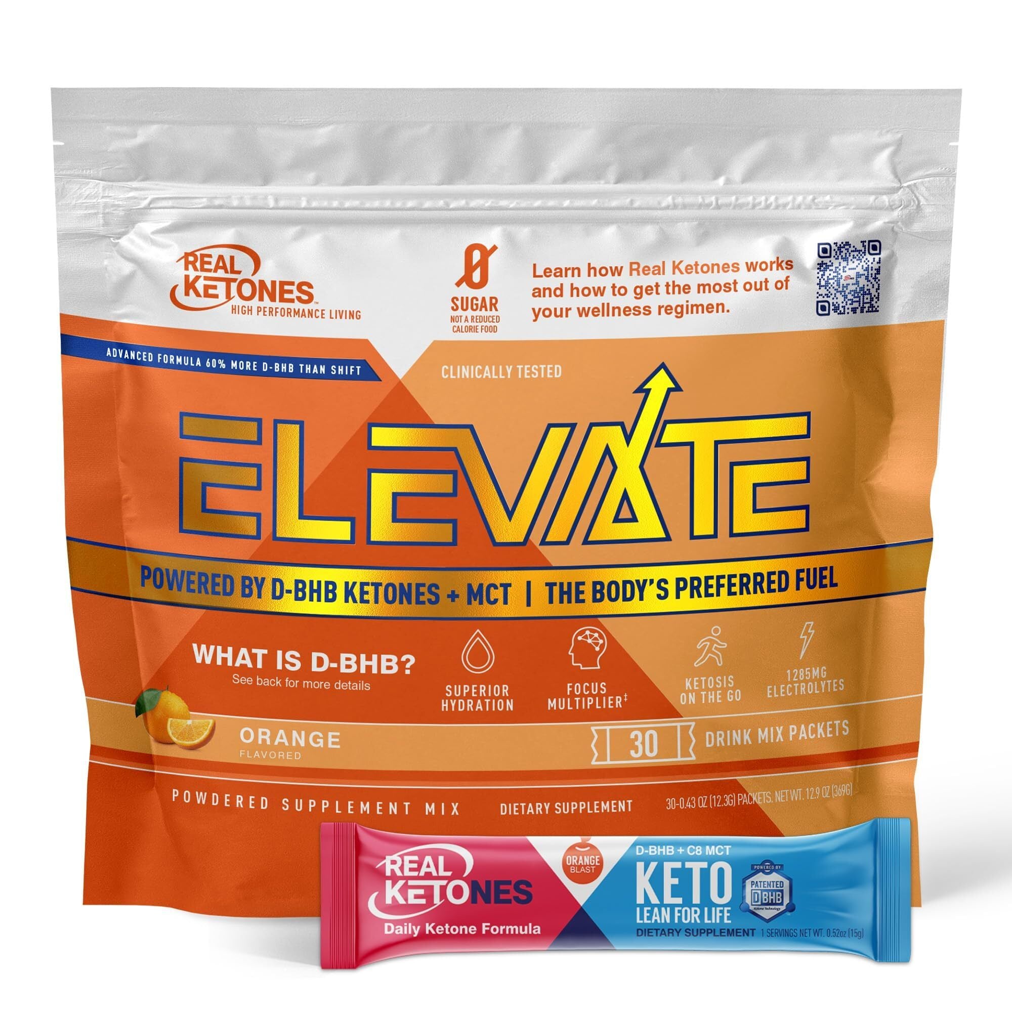 REAL KETONES - ELEVATE - D-BHB & MCT & ELECTROLYTES - 30 STICK PACK GUSSET BAG