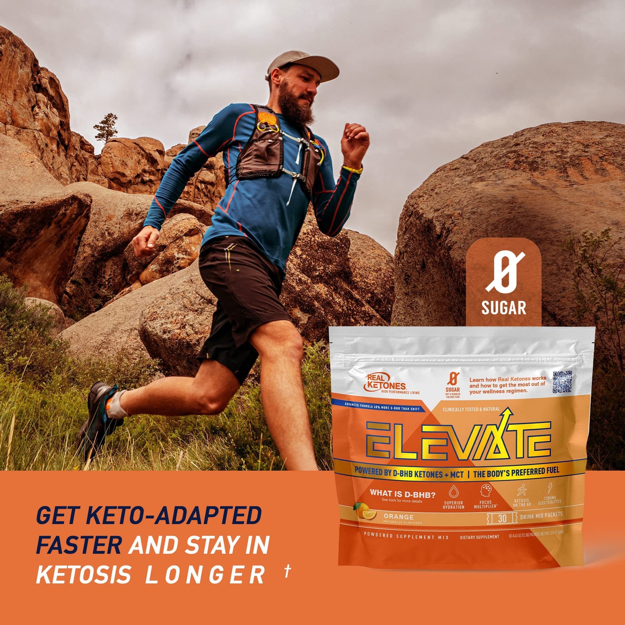 REAL KETONES - ELEVATE - D-BHB & MCT & ELECTROLYTES - 30 STICK PACK GUSSET BAG