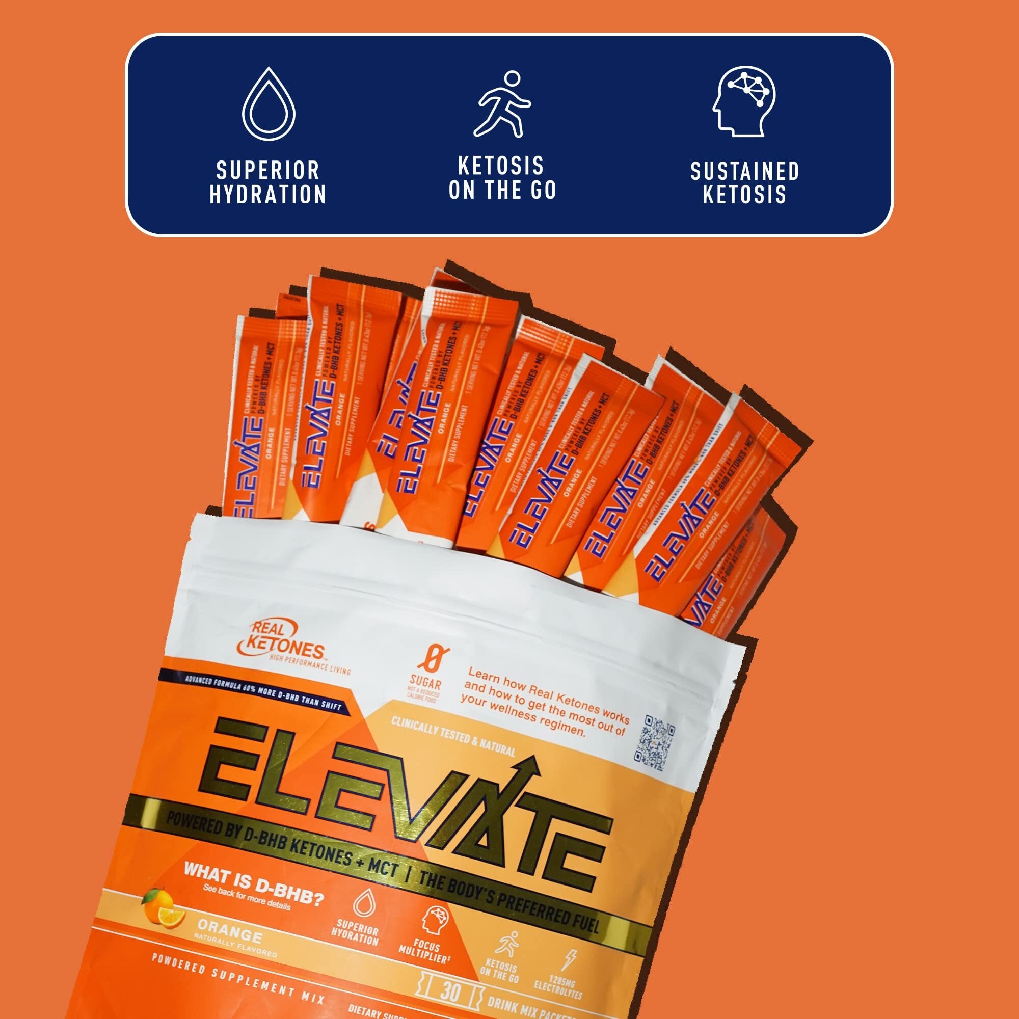 REAL KETONES - ELEVATE - D-BHB & MCT & ELECTROLYTES - 30 STICK PACK GUSSET BAG
