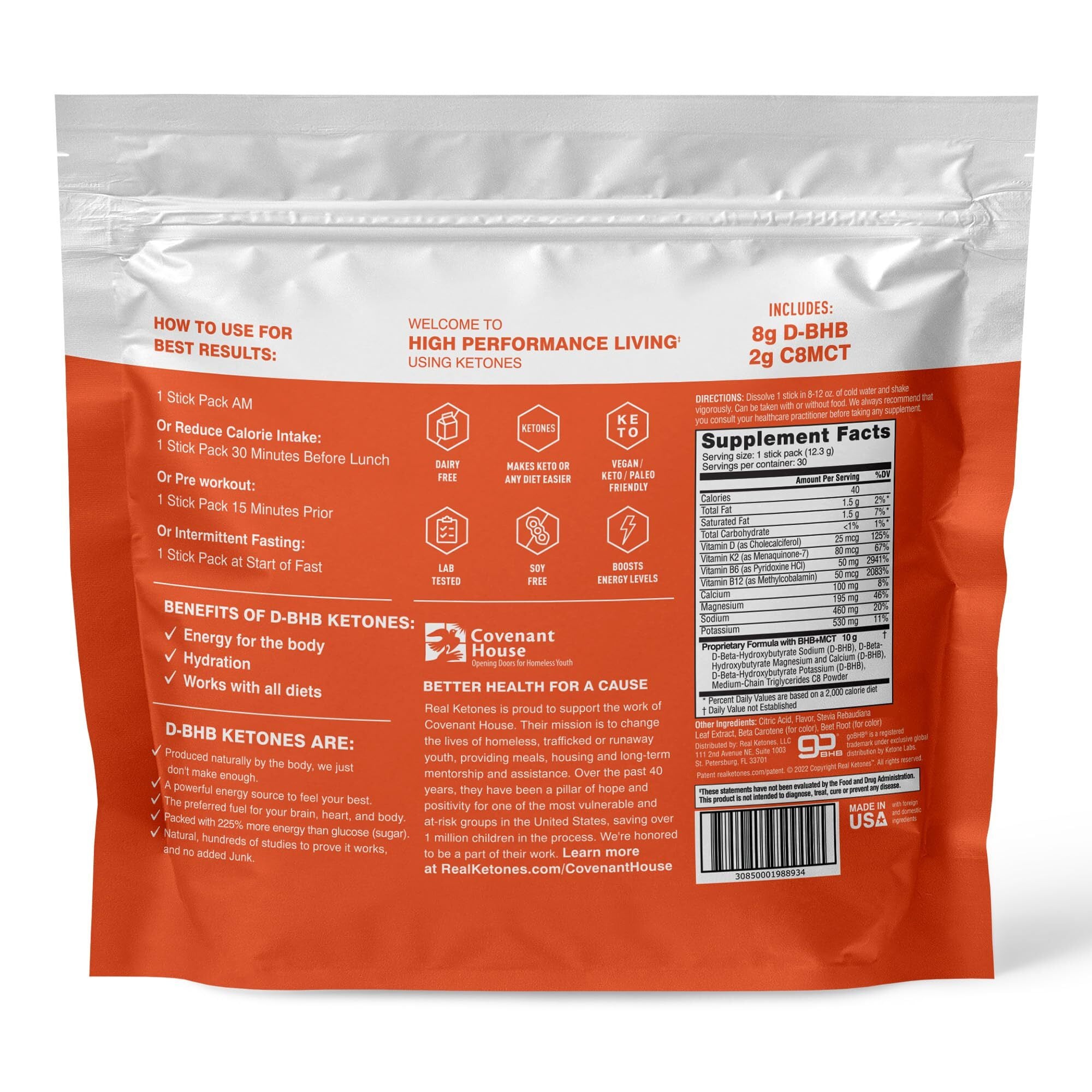 REAL KETONES - ELEVATE - D-BHB & MCT & ELECTROLYTES - 30 STICK PACK GUSSET BAG
