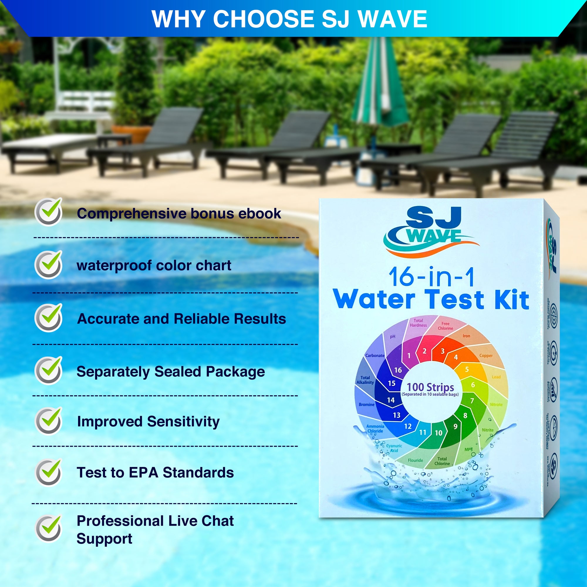 SJ WAVE - 16 IN 1 WATER TEST STRIP KIT (100'S)