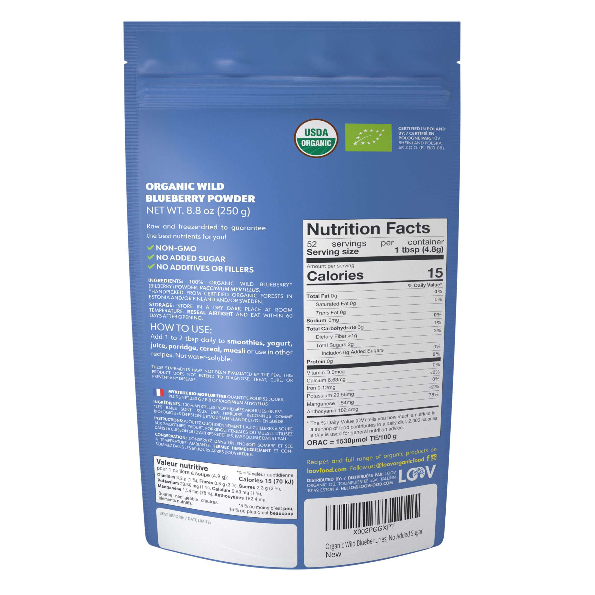 LOOV - ORGANIC WILD BLUEBERRY POWDER (FREEZE-DRIED) - 91G, 171G, 250G