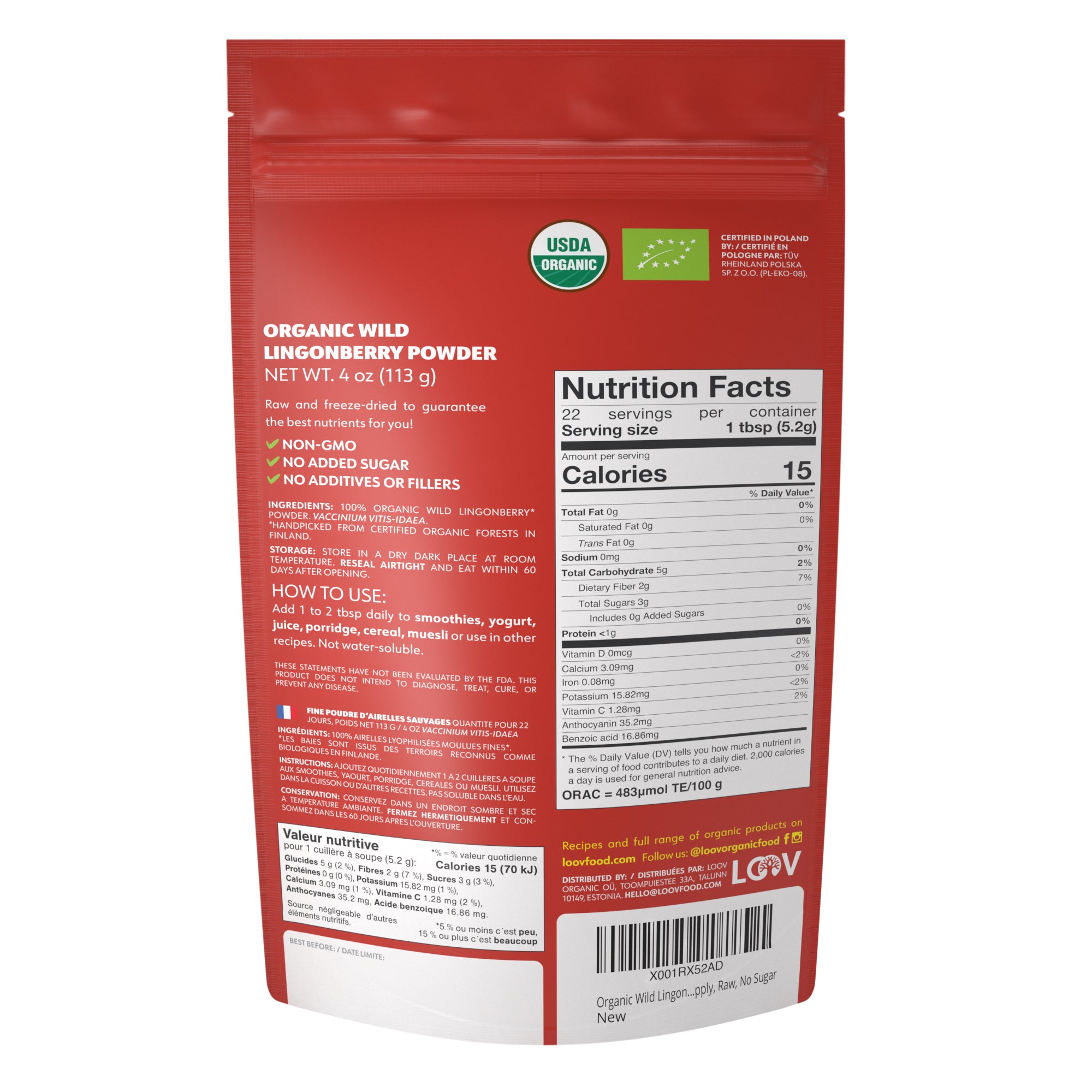LOOV - ORGANIC WILD LINGONBERRY POWDER (FREEZE-DRIED) - 113G