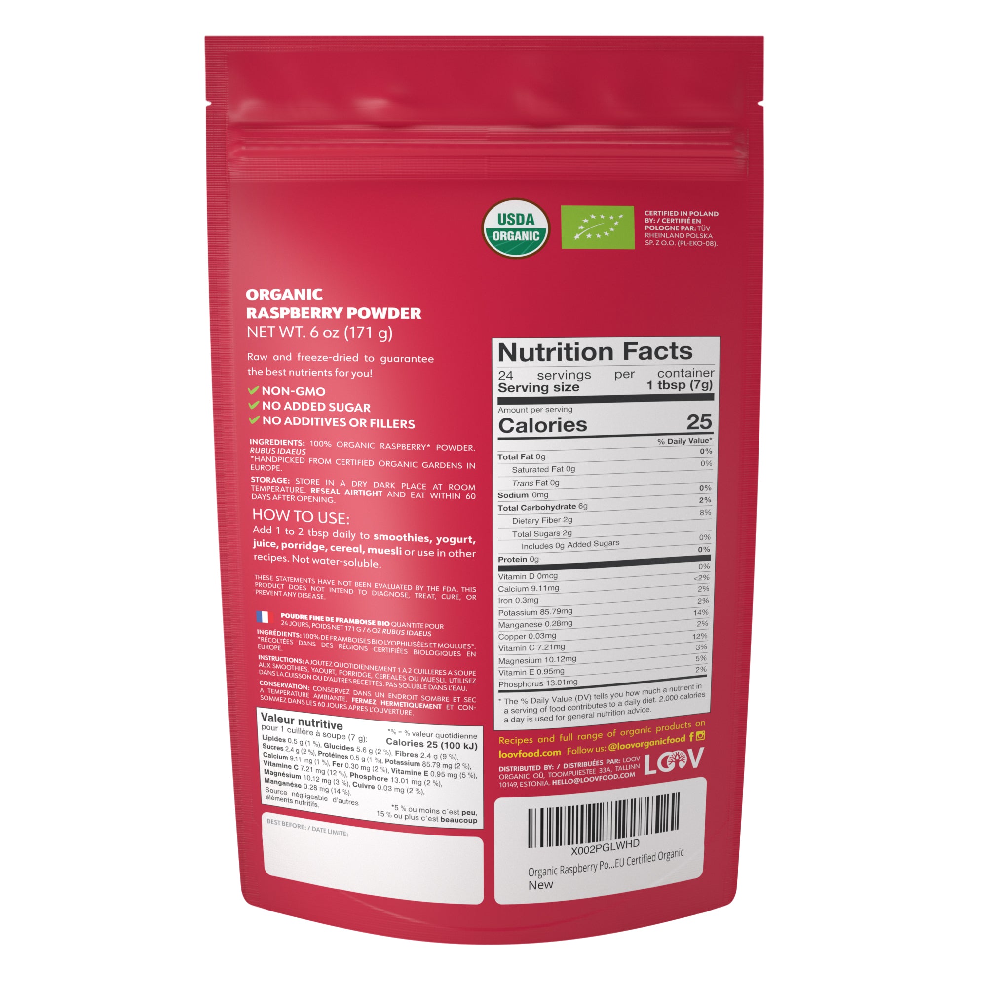 LOOV - ORGANIC RASPBERRY POWDER (FREEZE-DRIED) - 171G