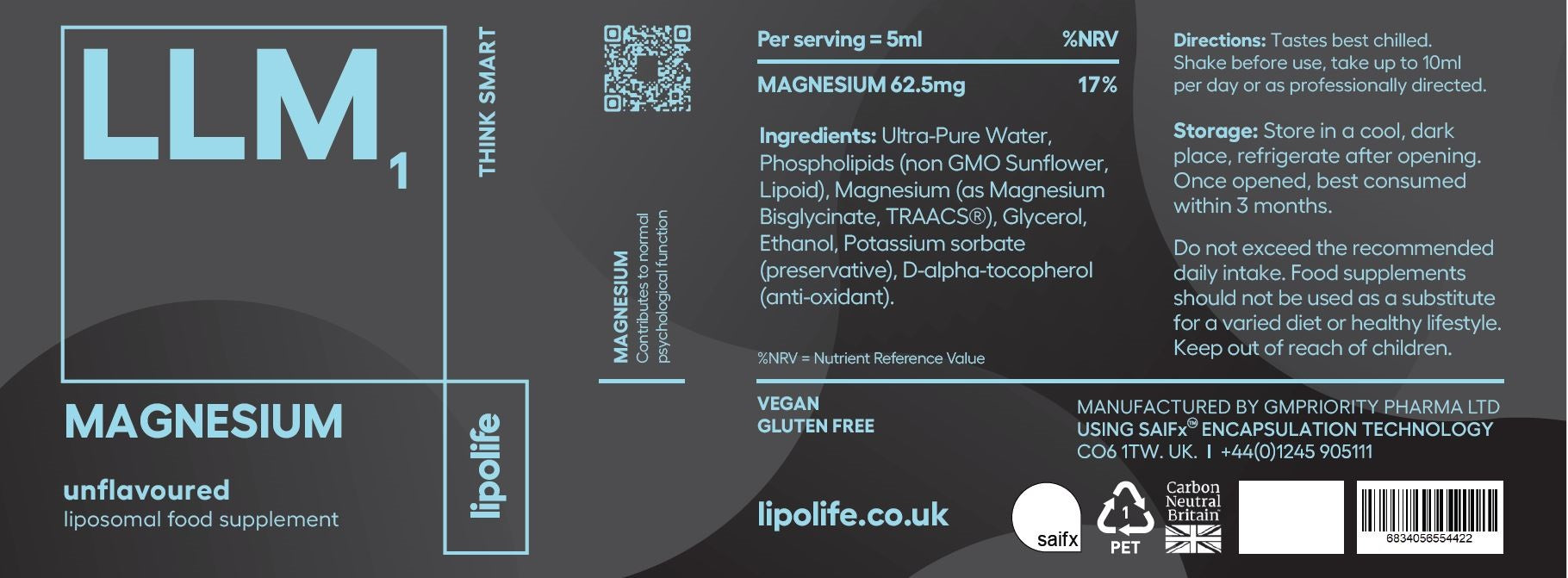 LIPOLIFE - LLM1 - LIPOSOMAL MAGNESIUM - 62.5MG PER 5ML - 240ML - UNFLAVOURED