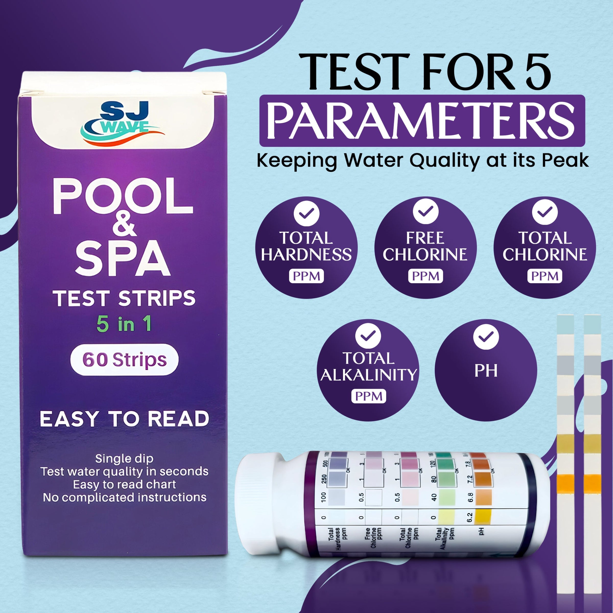 SJ WAVE - 5 IN 1 POOL & SPA TEST STRIPS (60'S)