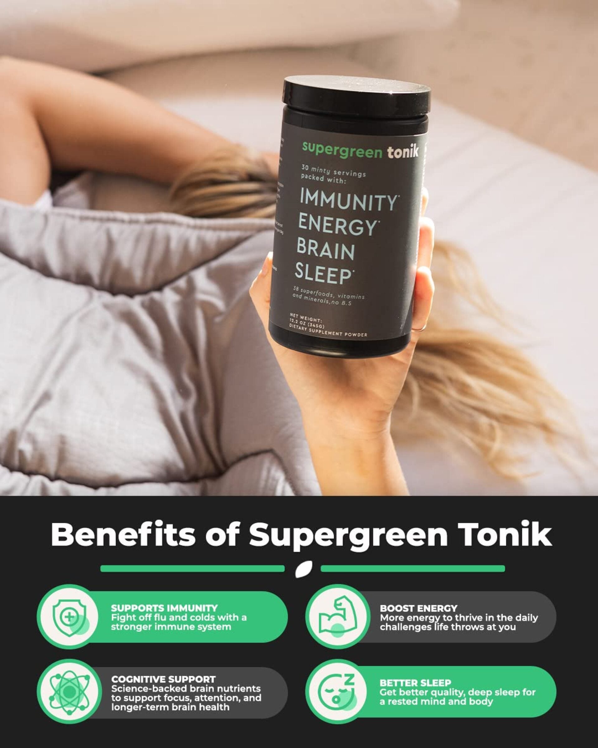SUPERGREEN TONIK - 100% NATURAL GREENS SUPERFOOD POWDER – 30 DAY SUPPLY – 345 GRAMS (1 TUB) - MINT