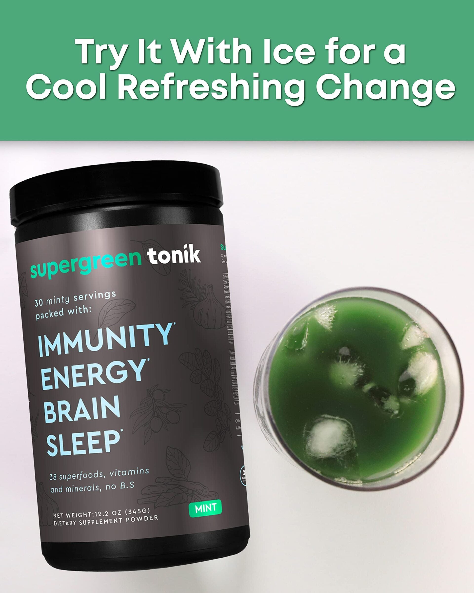 SUPERGREEN TONIK - 100% NATURAL GREENS SUPERFOOD POWDER – 30 DAY SUPPLY – 345 GRAMS (1 TUB) - MINT