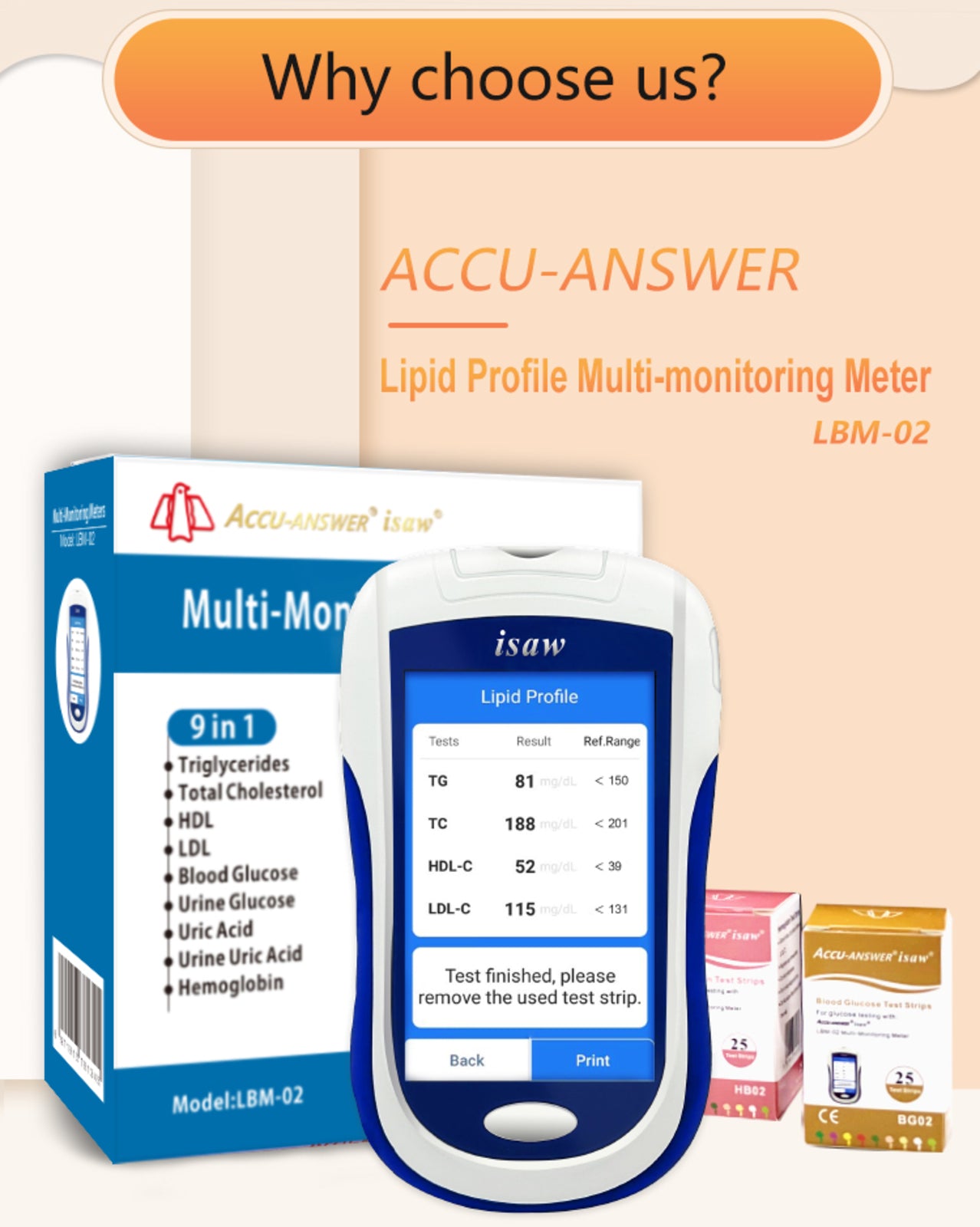 ACCU-ANSWER - ISAW - 9 IN 1 - MULTI-MONITORING BLOOD & URINE METER TEST KIT INCLUDING STRIPS