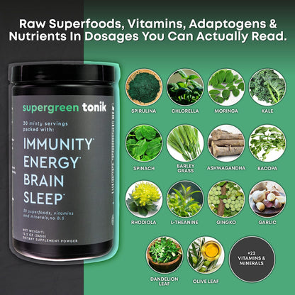 SUPERGREEN TONIK - 100% NATURAL GREENS SUPERFOOD POWDER – 30 DAY SUPPLY – 345 GRAMS (1 TUB) - MINT