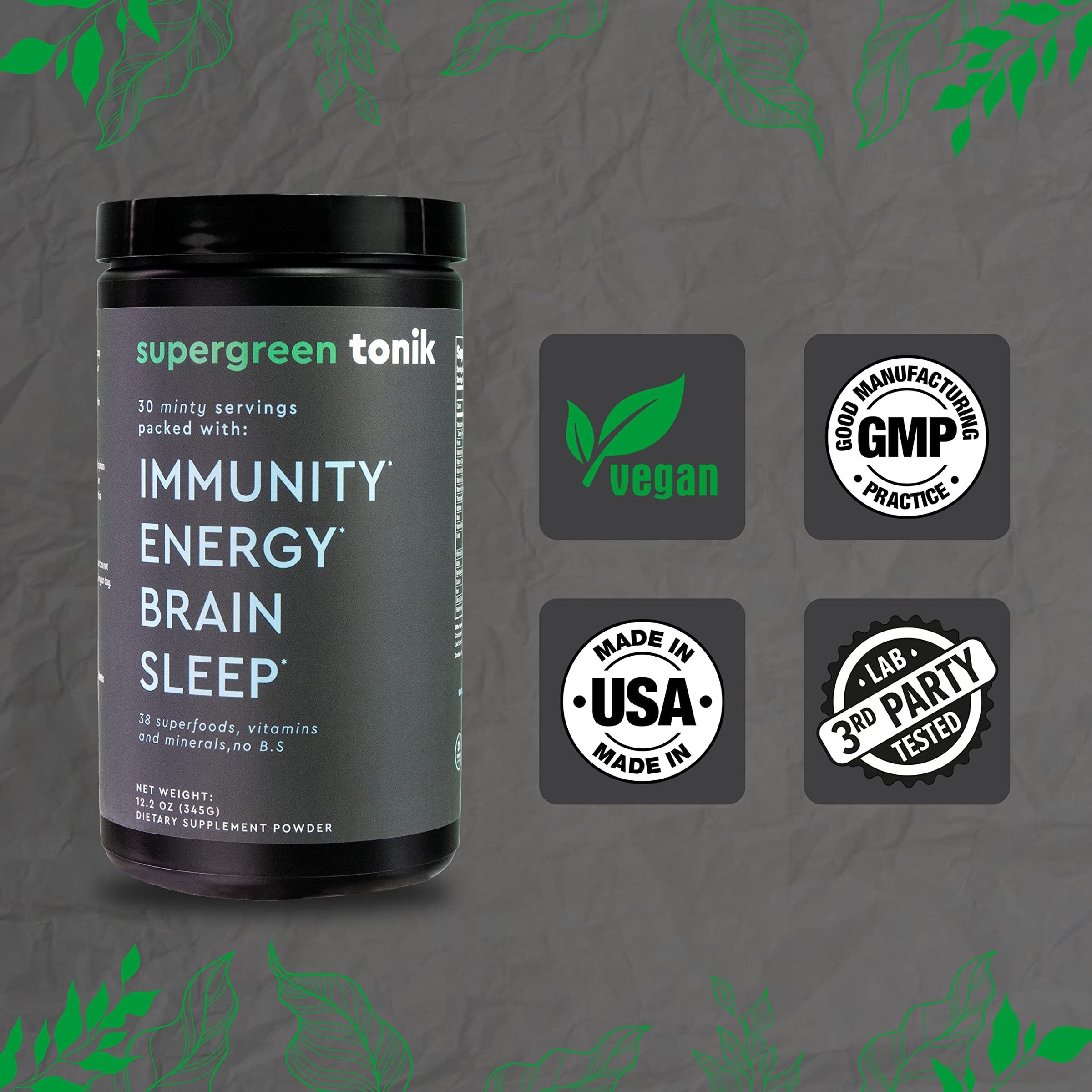 SUPERGREEN TONIK - 100% NATURAL GREENS SUPERFOOD POWDER – 30 DAY SUPPLY – 345 GRAMS (1 TUB) - MINT