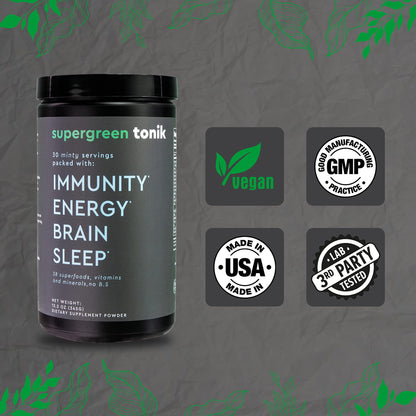 SUPERGREEN TONIK - 100% NATURAL GREENS SUPERFOOD POWDER – 30 DAY SUPPLY – 345 GRAMS (1 TUB) - MINT