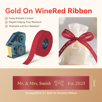 NB718 - NIIMBOT - N1 - SATIN RIBBON SET PACKAGE - SR14MM-5.1M - GOLD ON WINE RED
