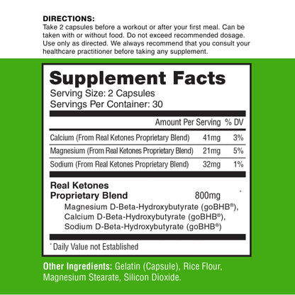 REAL KETONES - KETONE BIO IDENTICAL - D-BHB - 60 CAPSULES - 30 SERVINGS