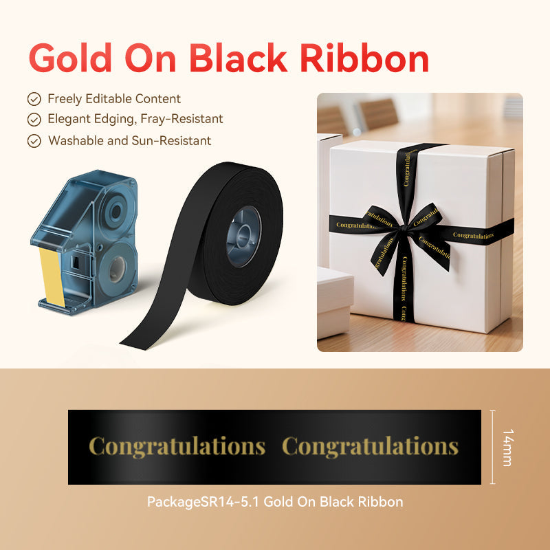 NB720 - NIIMBOT - N1 - SATIN RIBBON SET PACKAGE - SR14MM-5.1M - GOLD ON BLACK