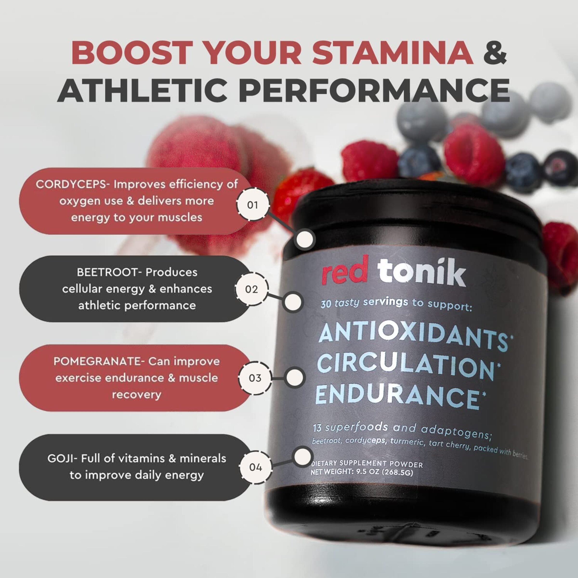 RED TONIK - 13 SUPERFOODS & ADAPTOGENS POWDER - 30 DAY SUPPLY - BERRY