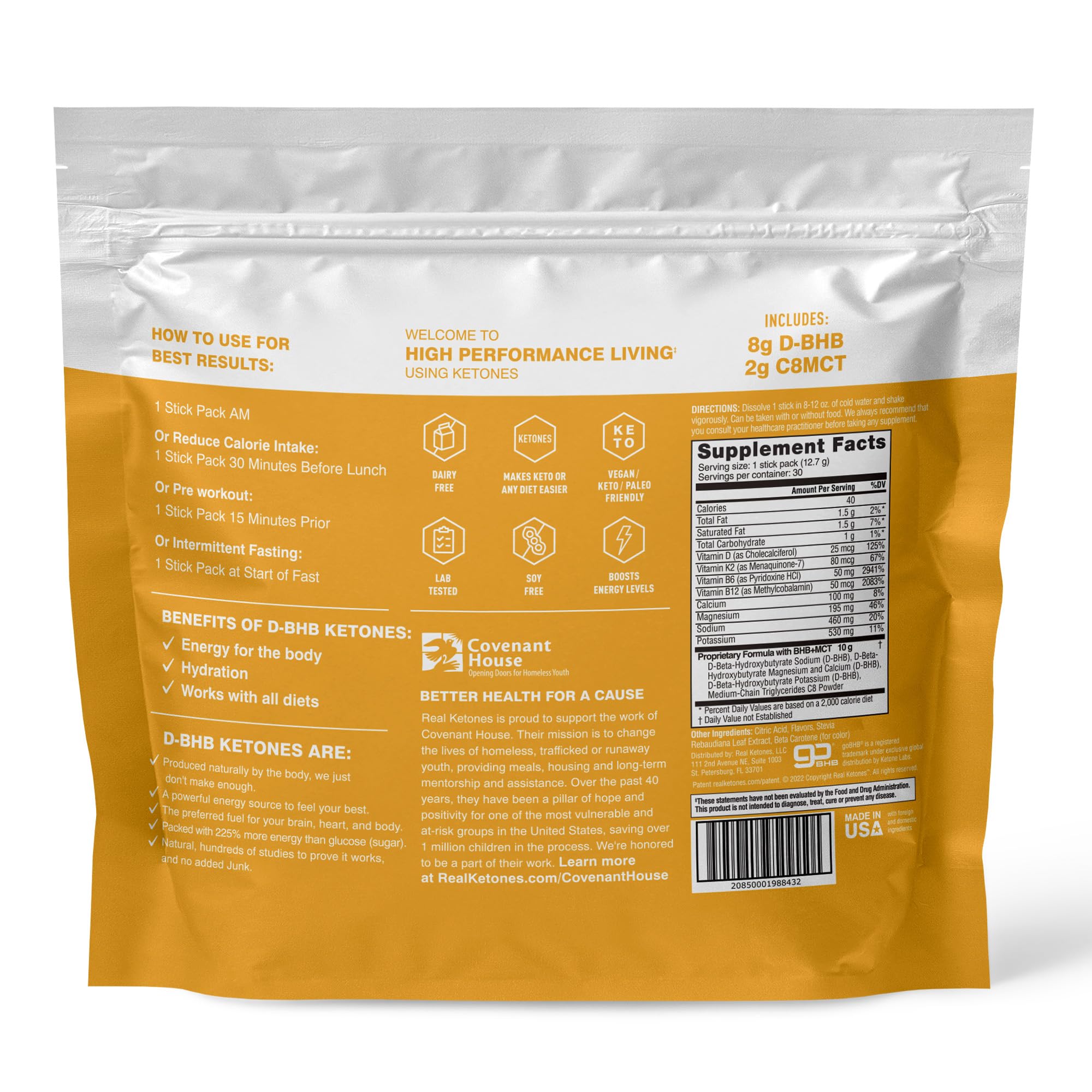 REAL KETONES - ELEVATE - D-BHB & MCT & ELECTROLYTES - 30 STICK PACK GUSSET BAG