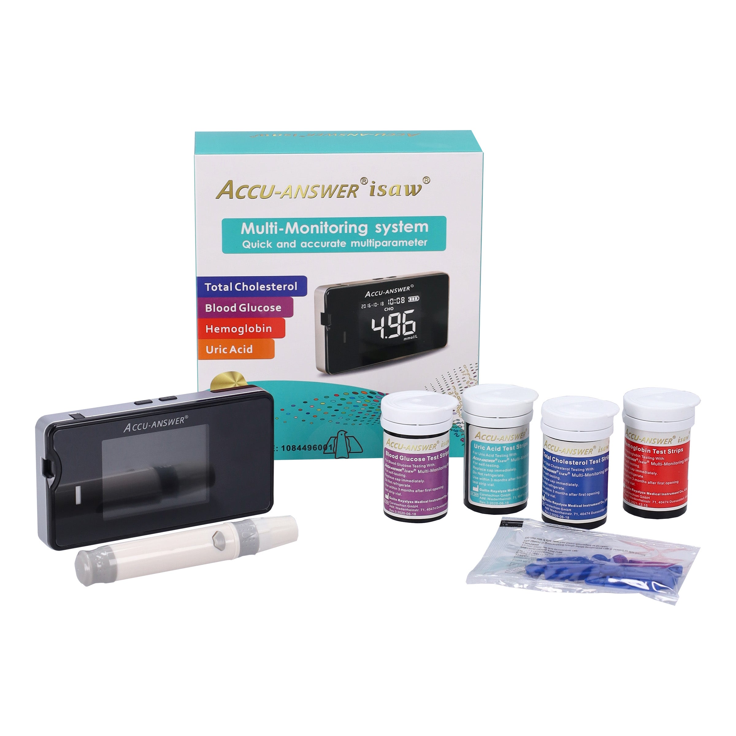 ACCU-ANSWER® ISAW® - 4 IN 1 - BLOOD TEST METER KIT INCL STRIPS - TOTAL CHOLESTEROL, GLUCOSE, HEMOGLOBIN & URIC ACID