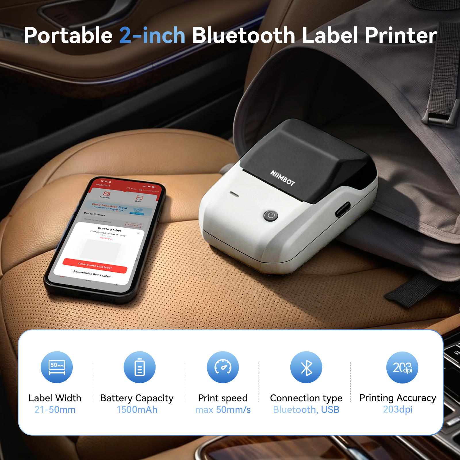 NB493 - Niimbot - B1 - Portable Thermal Label Bluetooth Printer Incl Free White Label (50x30mm)