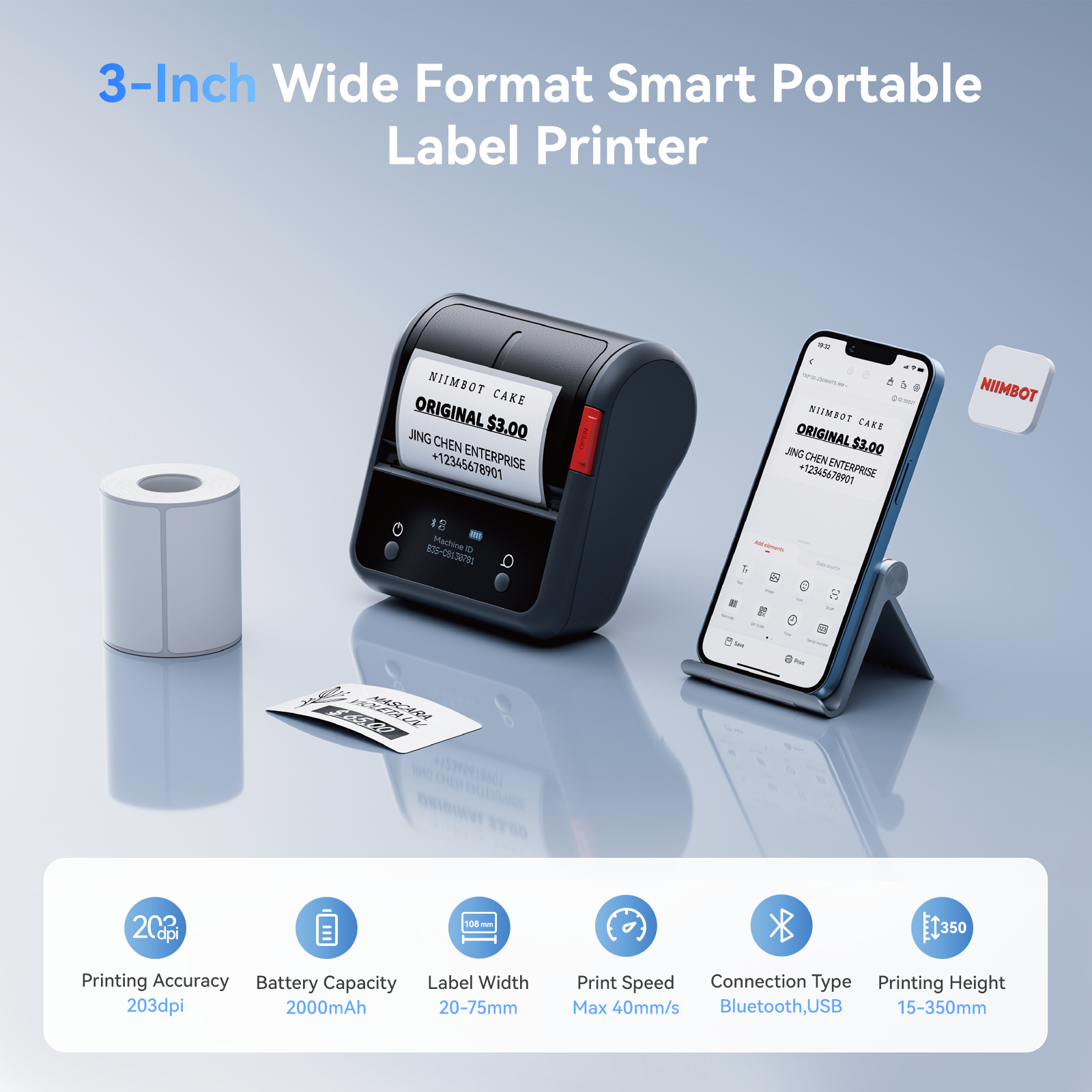 NB119 - Niimbot - B3S-P - Portable Thermal Label Bluetooth Printer Incl Free Label (70x40mm)