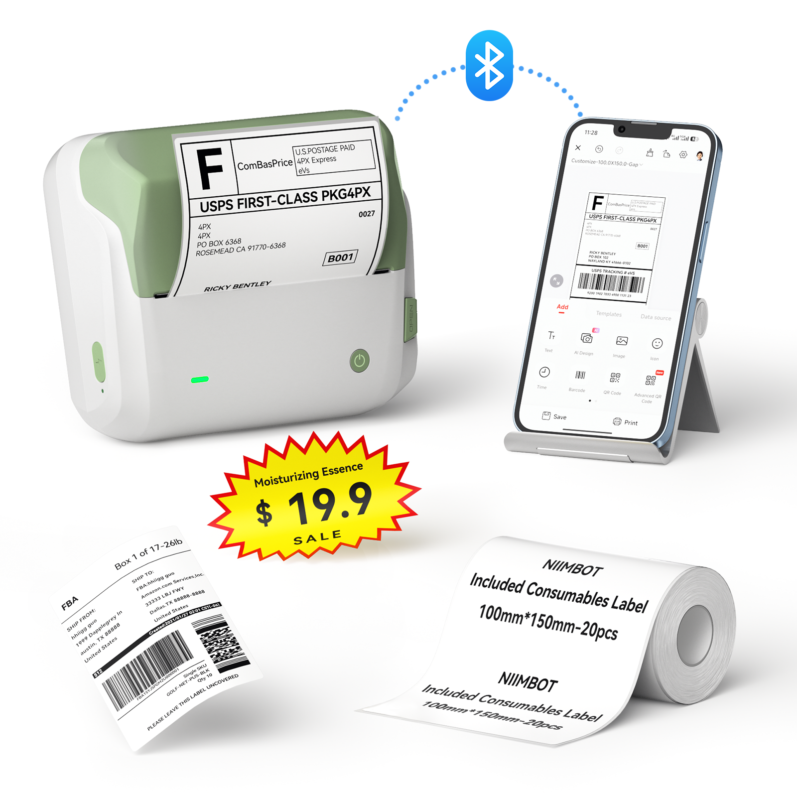 NB609 - Niimbot - B4 - Bluetooth Portable Shipping Thermal Label Printer With Free Roll