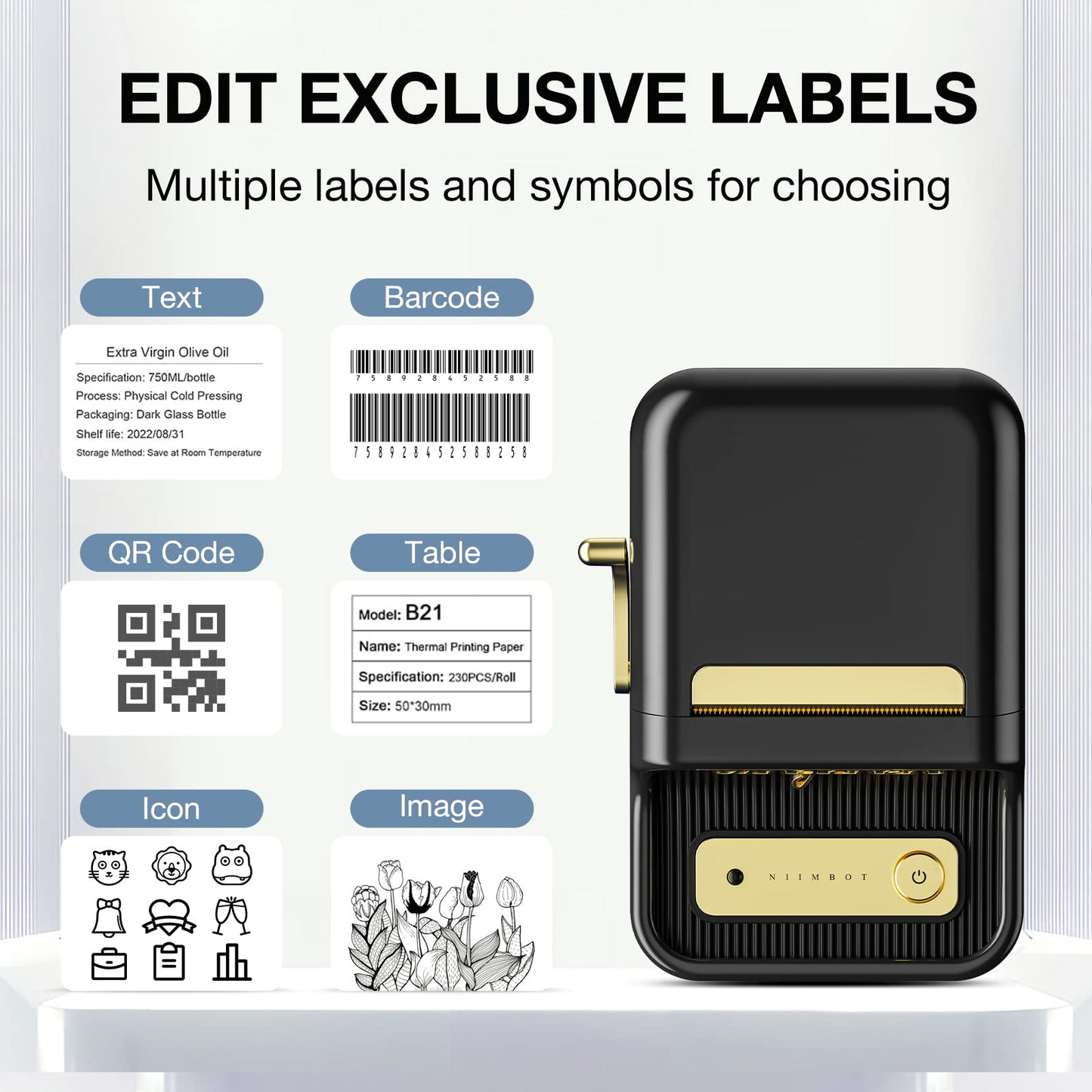 NB109 - NIIMBOT - B21 - PORTABLE THERMAL LABEL BLUETOOTH PRINTER INCLUDING FREE LABEL (50*30MM - WHITE)