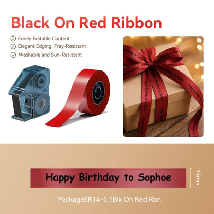 NIIMBOT - N1 Satin Gift Ribbon - 14mm x 5.1m - Black on Red Ribbon
