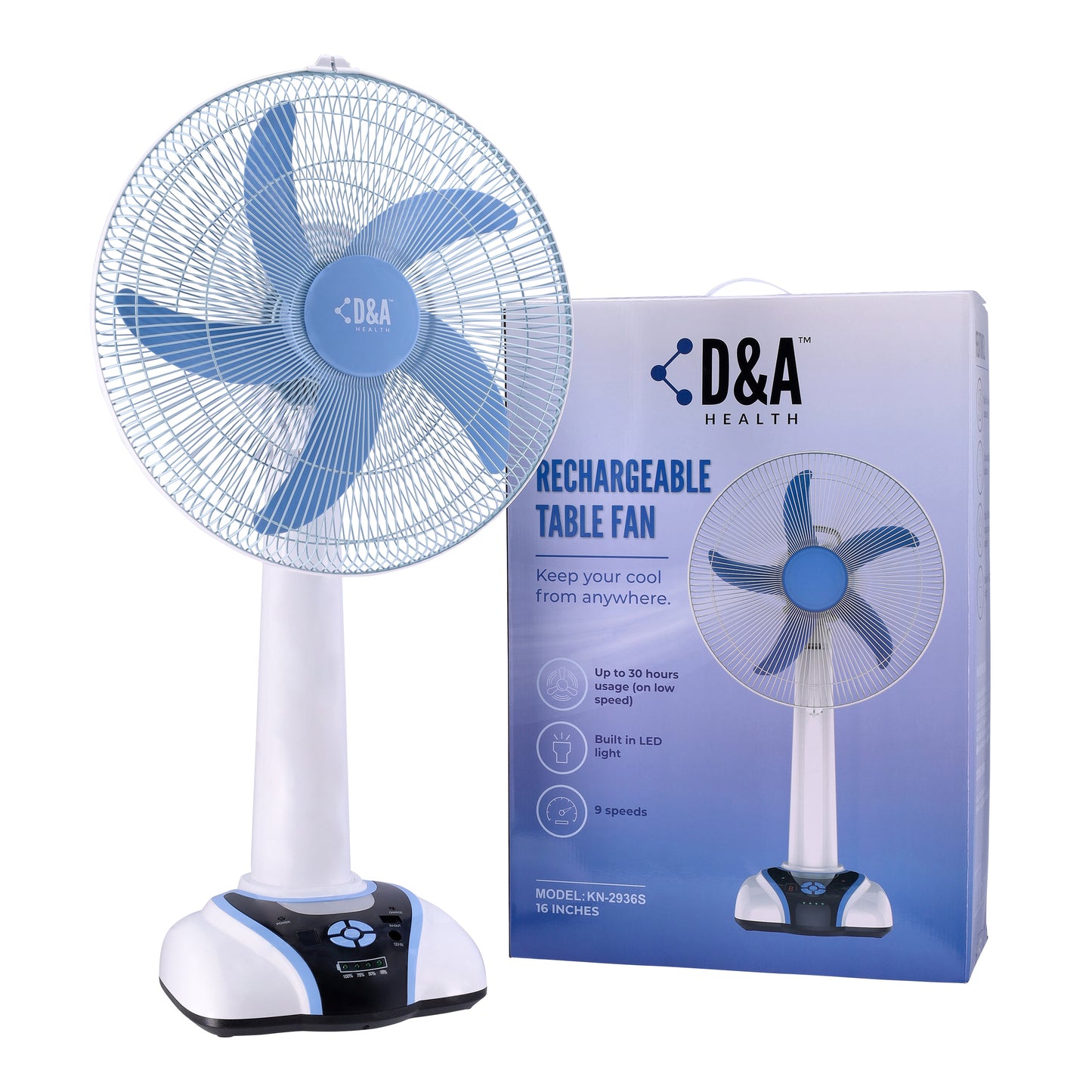 D&A HEALTH - RECHARGEABLE PORTABLE TABLE FAN WITH LED LIGHT - 16 INCHES