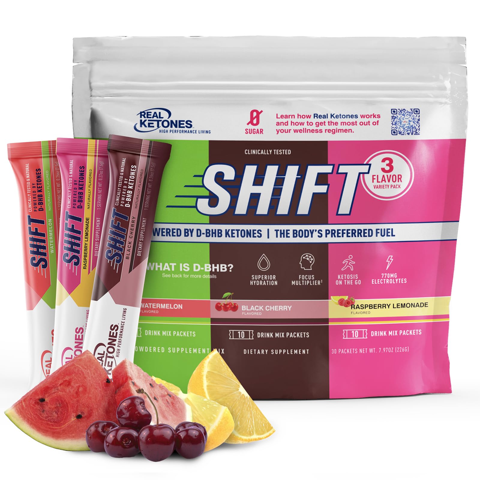 REAL KETONES - SHIFT - D-BHB EXOGENOUS KETONE DRINK MIX POWDER + ELECTROLYTES - 30 PACKETS