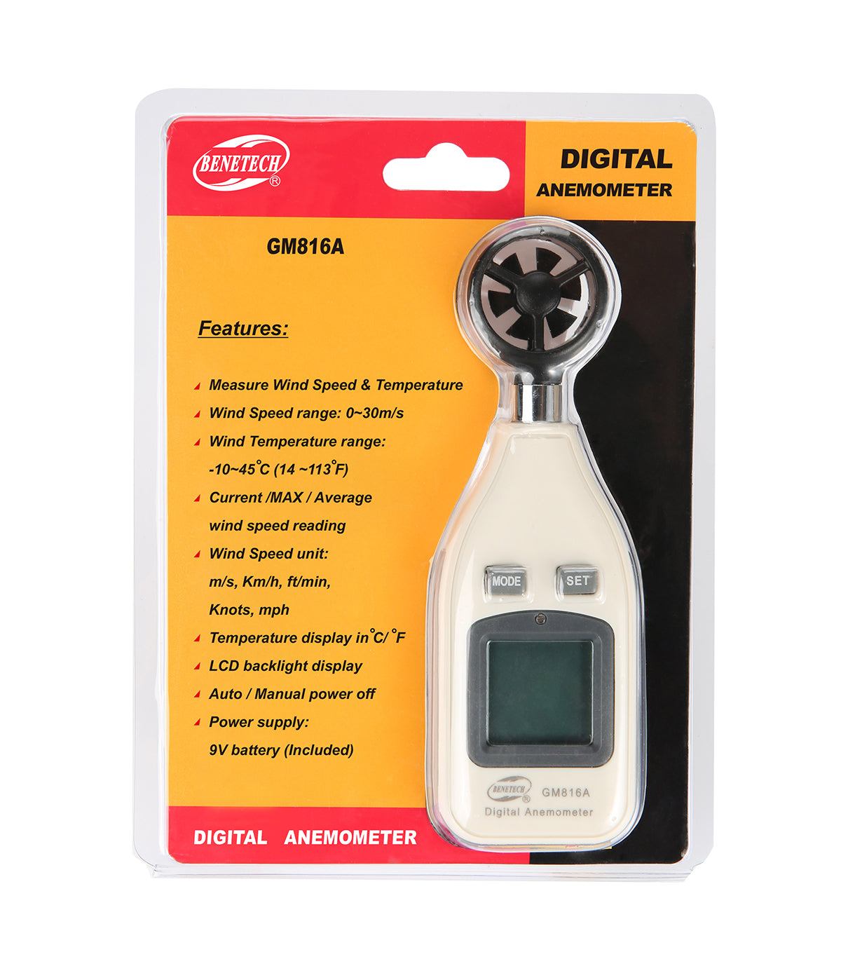 BENETECH - DIGITAL ANEMOMETER - WIND SPEED & TEMPERATURE (GM816A)