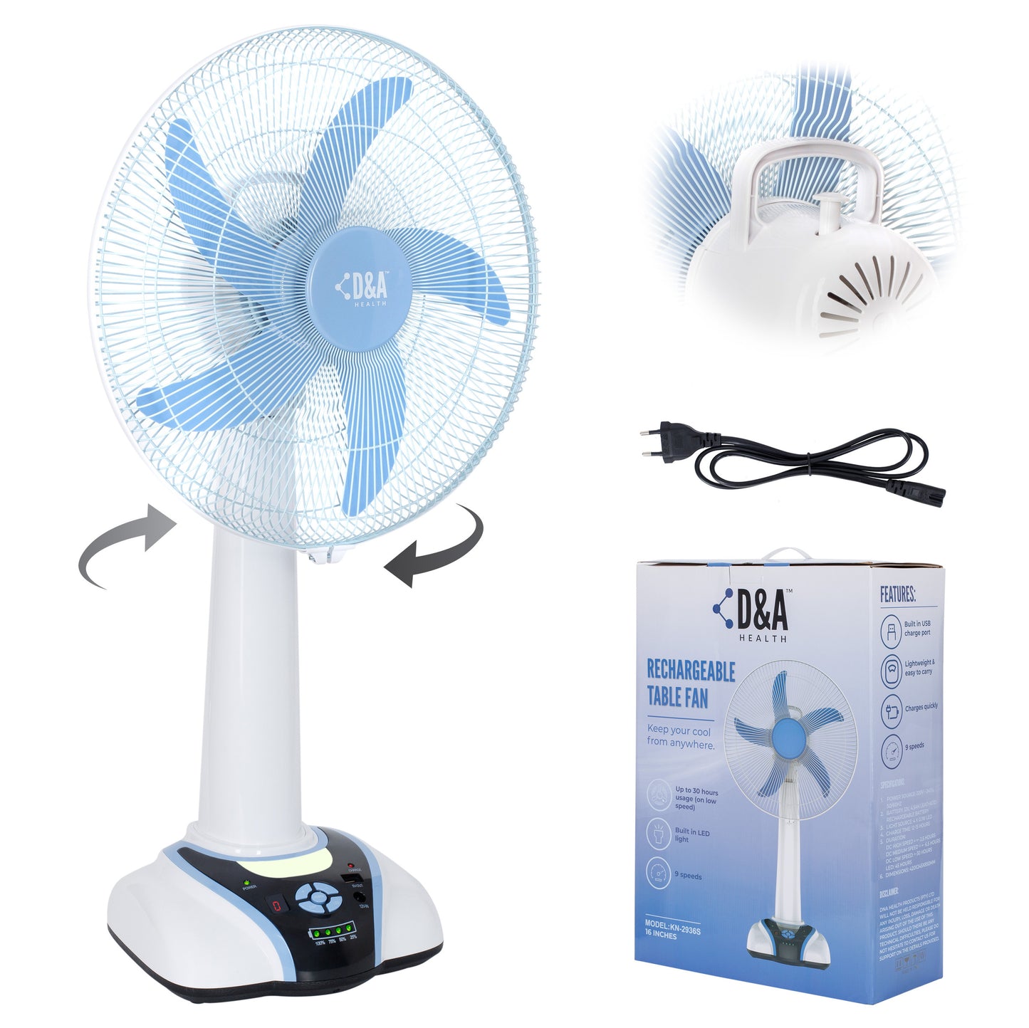 D&A HEALTH - RECHARGEABLE PORTABLE TABLE FAN WITH LED LIGHT - 16 INCHES