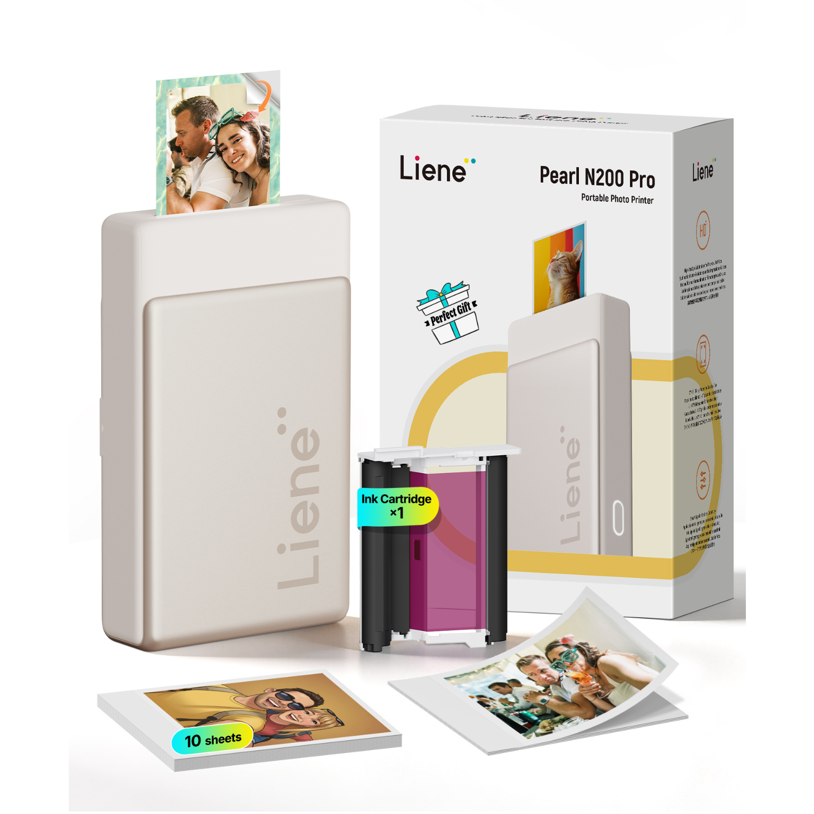 LIENE - Pearl N200 Pro - 2x3 Inch ZINK Bluetooth Photo Printer - Gold - Incl. 10 Sheets Photo Paper
