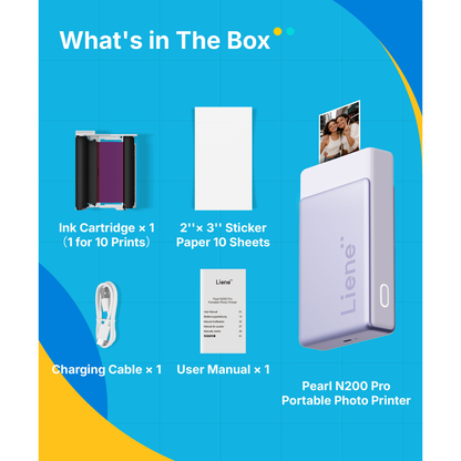 LIENE - Pearl N200 Pro - 2x3 Inch ZINK Bluetooth Photo Printer - Purple - Incl. 10 Sheets Photo Paper