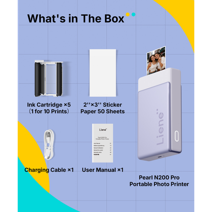 LIENE - Pearl N200 Pro - 2x3 Inch ZINK Bluetooth Photo Printer - Incl. 50 Sheets Photo Paper