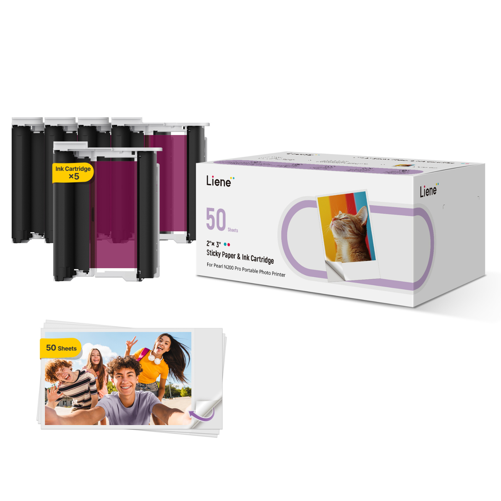 LIENE - Pearl N200 Pro - 2x3 Inch Photo Paper & Ink Cartridge Refill Pack - 50 Sheets & 5 Ink Cartridges
