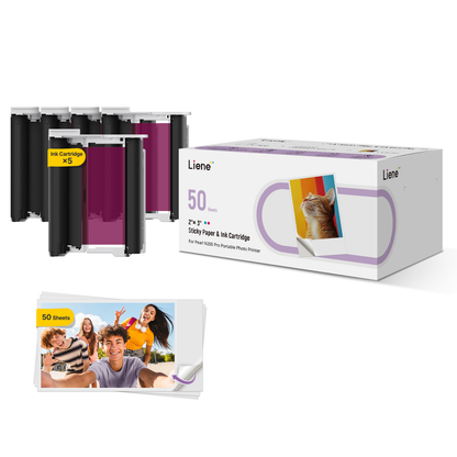 LIENE - Pearl N200 Pro - 2x3 Inch Photo Paper & Ink Cartridge Refill Pack - 50 Sheets & 5 Ink Cartridges