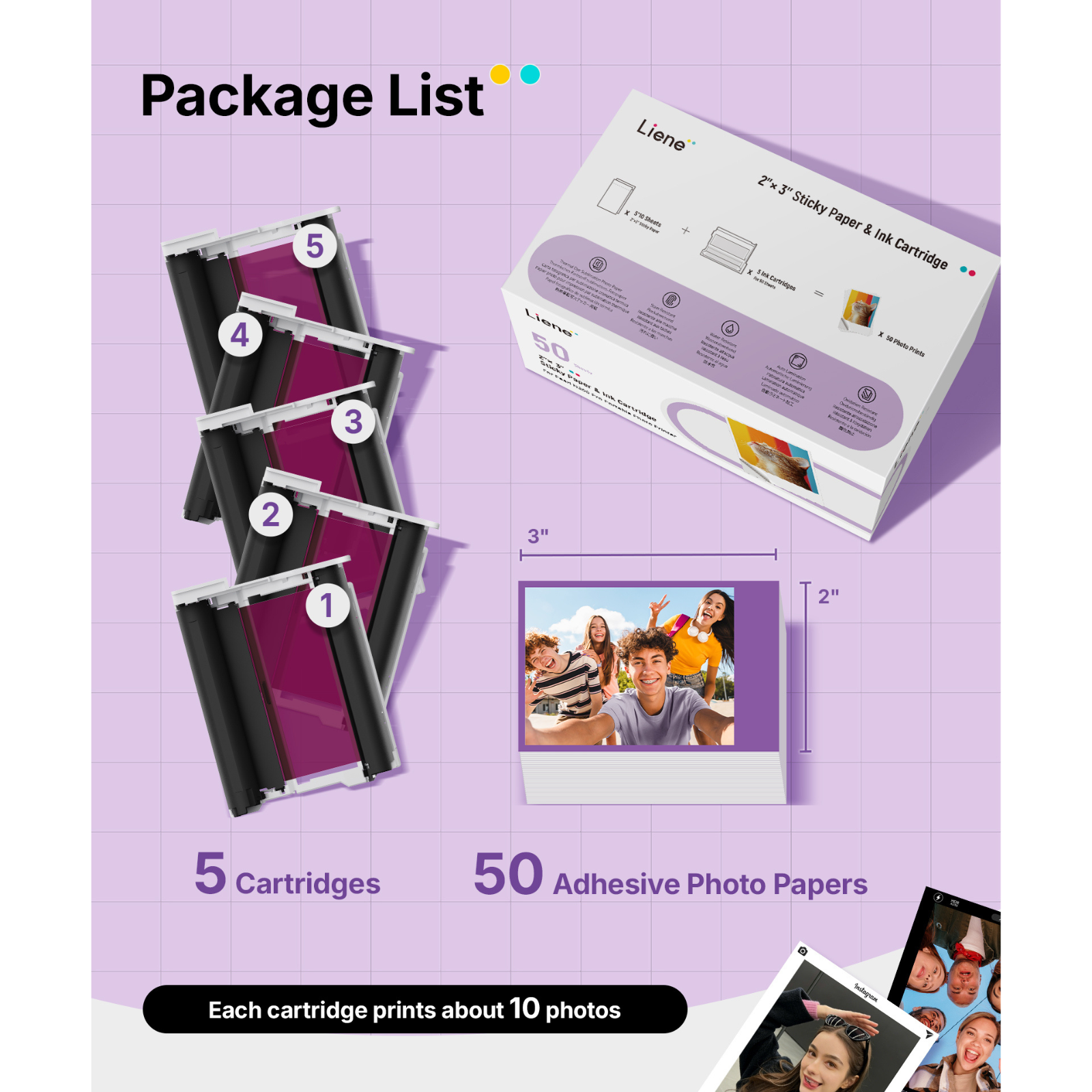 LIENE - Pearl N200 Pro - 2x3 Inch Photo Paper & Ink Cartridge Refill Pack - 50 Sheets & 5 Ink Cartridges