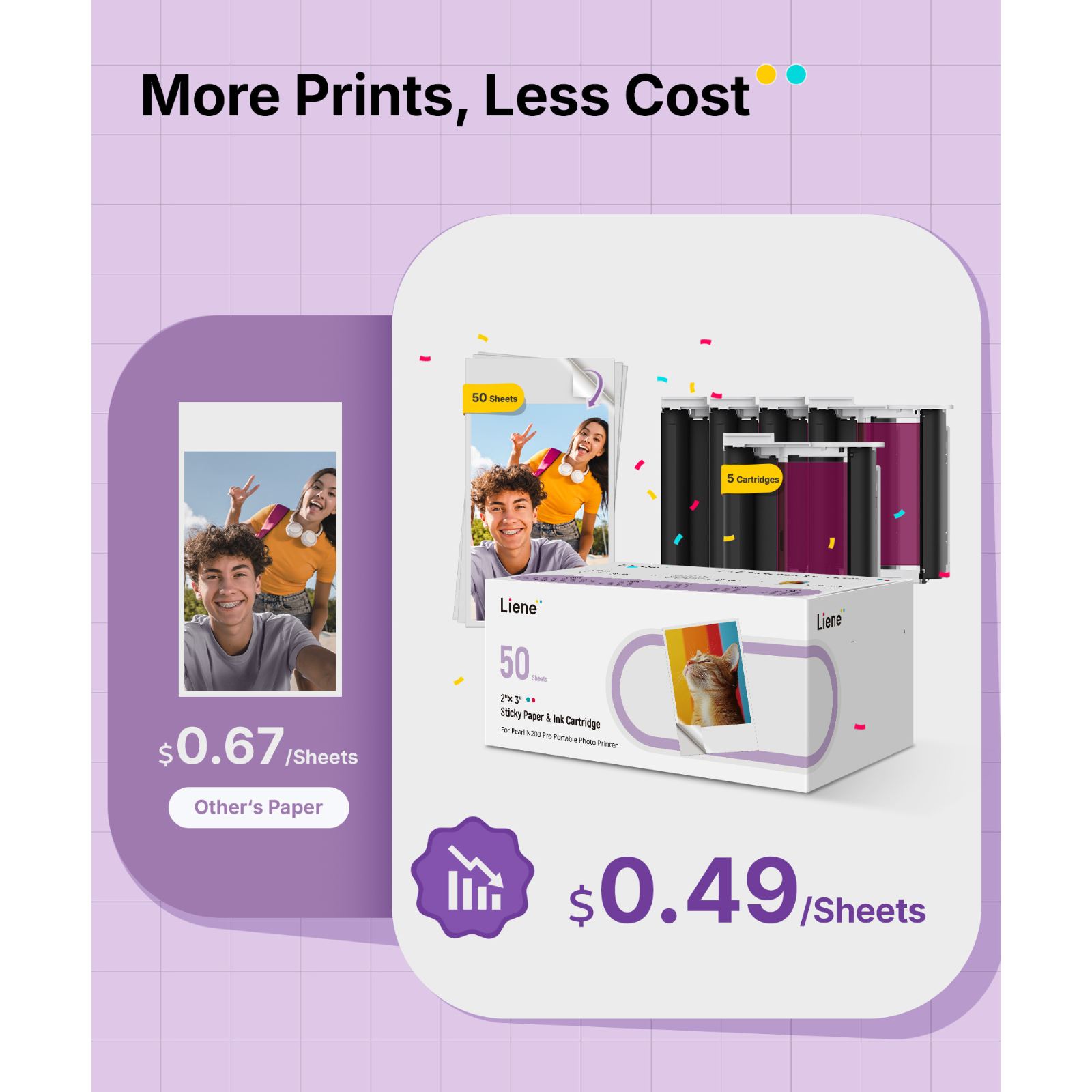 LIENE - Pearl N200 Pro - 2x3 Inch Photo Paper & Ink Cartridge Refill Pack - 50 Sheets & 5 Ink Cartridges