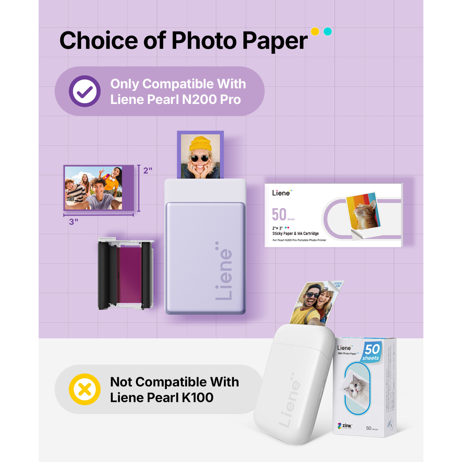 LIENE - Pearl N200 Pro - 2x3 Inch Photo Paper & Ink Cartridge Refill Pack - 50 Sheets & 5 Ink Cartridges